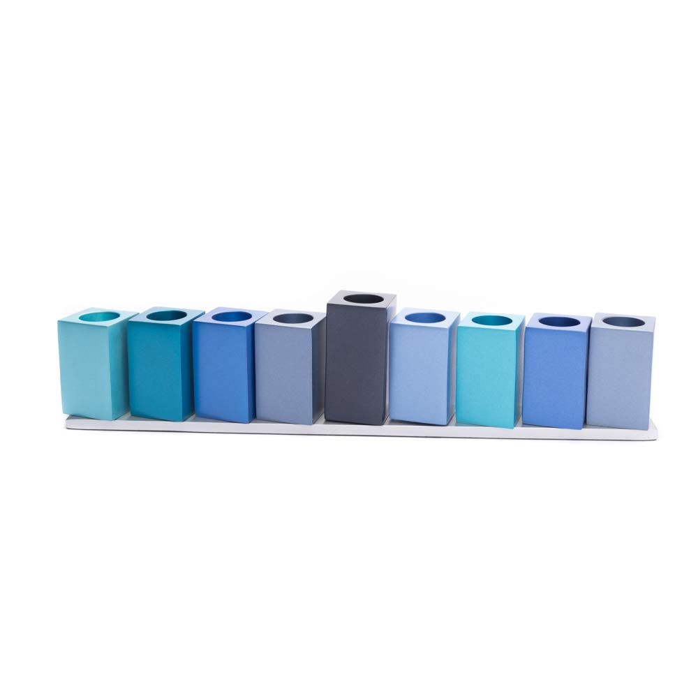 Elegant Blue Aluminum Hanukkah Menorah - 9 Branch Judaica Candle Holder by Yair Emanuel (Bundle) - Perfect for Hanukkah Celebrations, Jewish Home Decor & Holiday Gift Giving