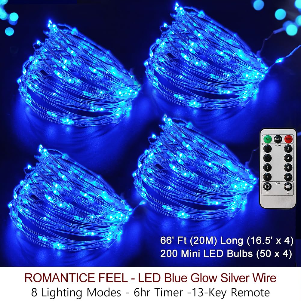 Bright Zeal 66 Ft 200 LED Blue Christmas Fairy Lights - Battery Operated with Timer & Remote, 8 Lighting Modes, Waterproof Outdoor String Lights for Holiday Decor (Silver Wire, Twinkle Effect) - Perfect for Christmas Trees, Home Decor, Garden, Patio, and Party Lighting
