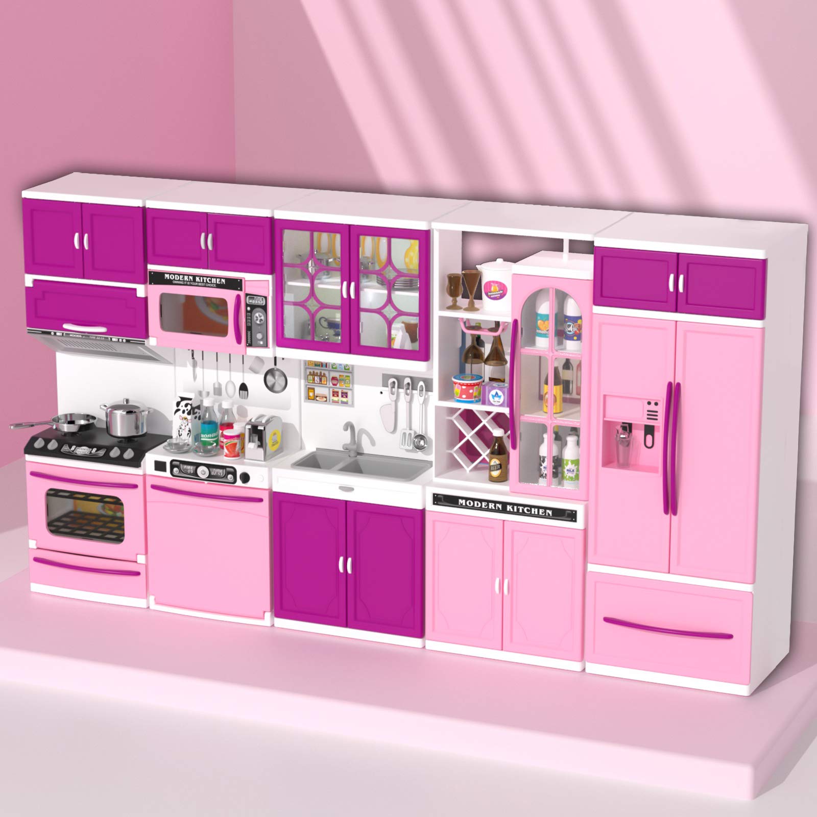 TEMI 56-Piece Pink Kids Kitchen Playset with Lights & Sounds - 5-in-1 Mini Toy Kitchen for Girls Ages 3-6, Compatible with 11-12 Inch Dolls - Pretend Play, Birthday Gift & Role-Playing Fun
