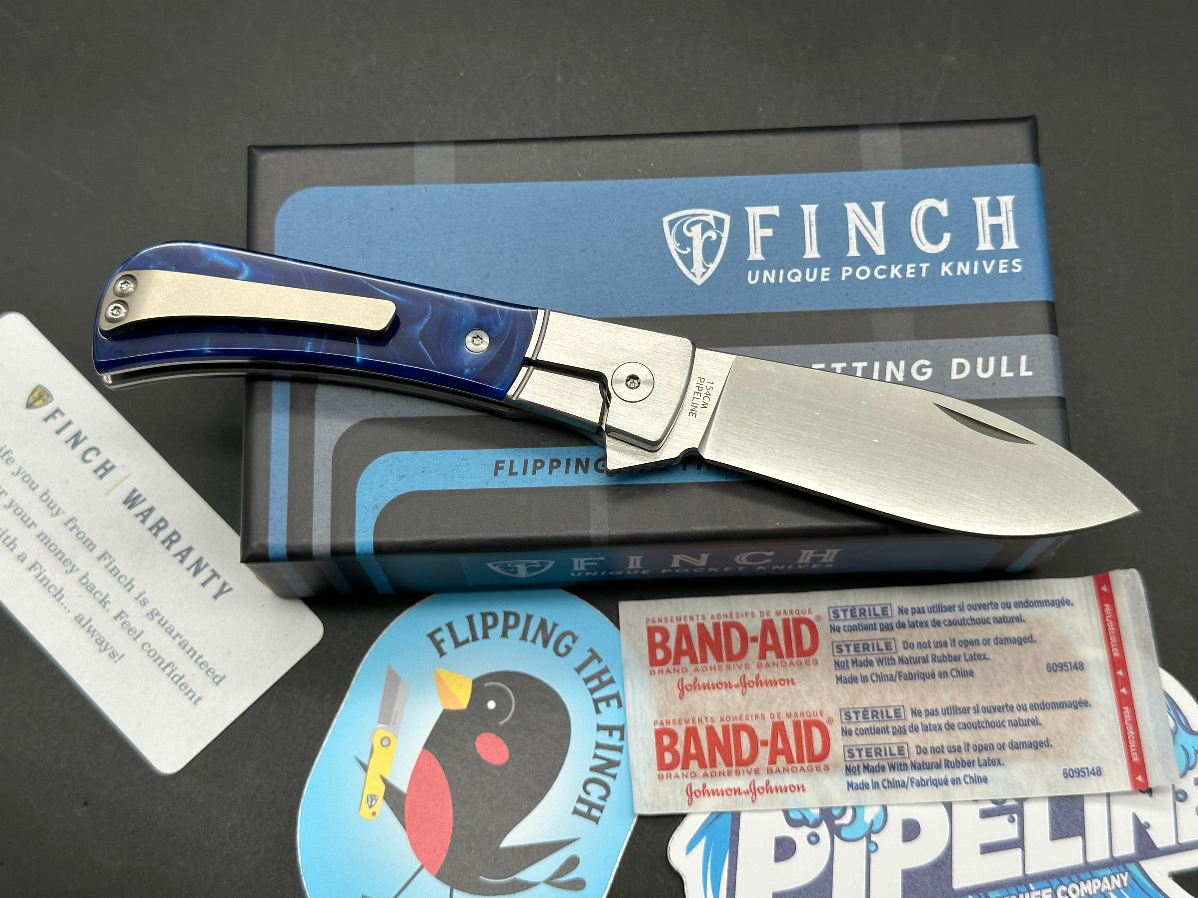 Premium FINCH KNIFE CO PIPELINE Folding Pocket Knife - 154CM Satin Blade, Deep Ocean Handle - EDC, Camping, Hiking & Outdoor Survival Tool