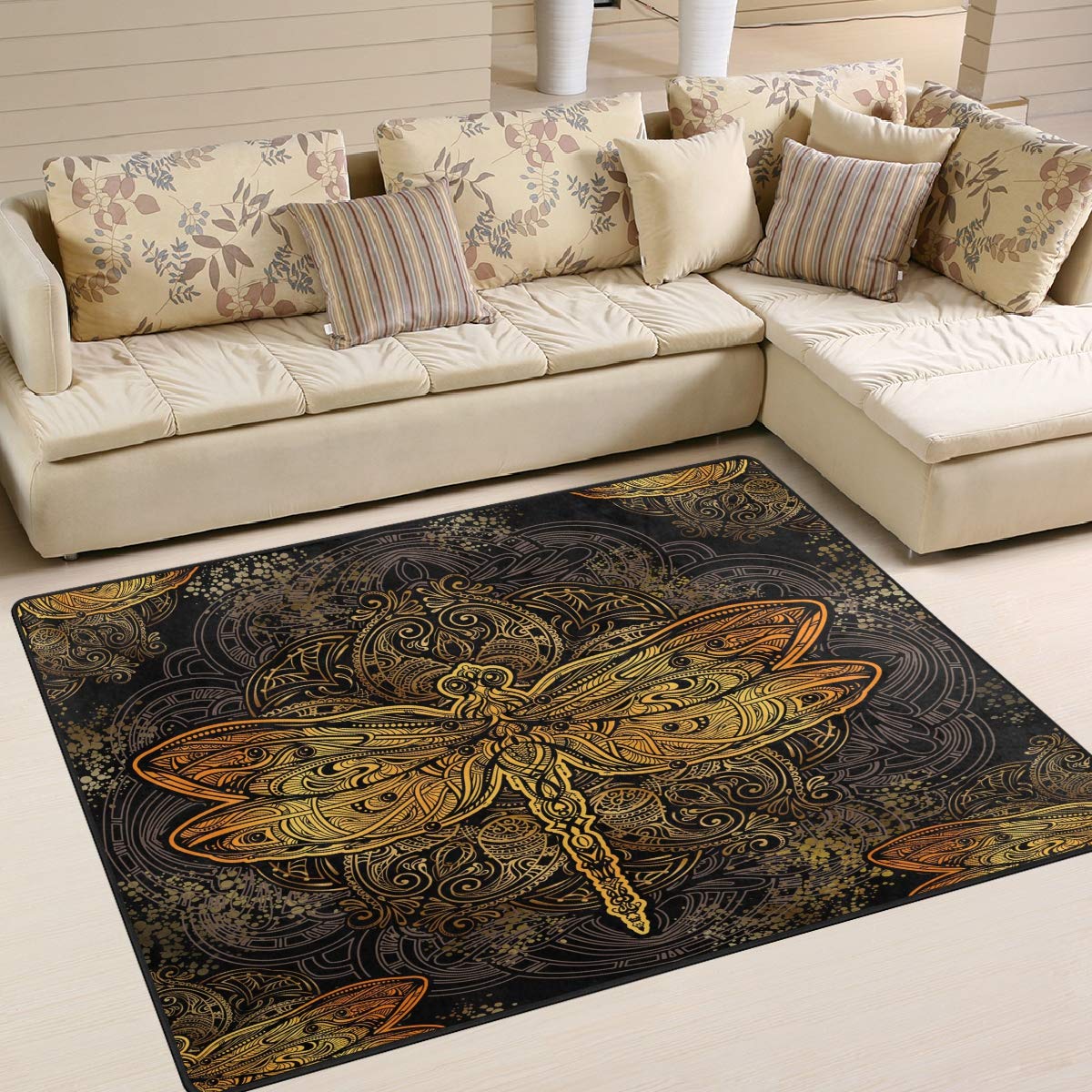 ALAZA Gold Dragonfly Mandala Floral Area Rug 7' x 5' - Bohemian Home Decor for Living Room, Bedroom, Dorm | Soft Non-Slip Floor Mat for Yoga, Meditation & Cozy Spaces