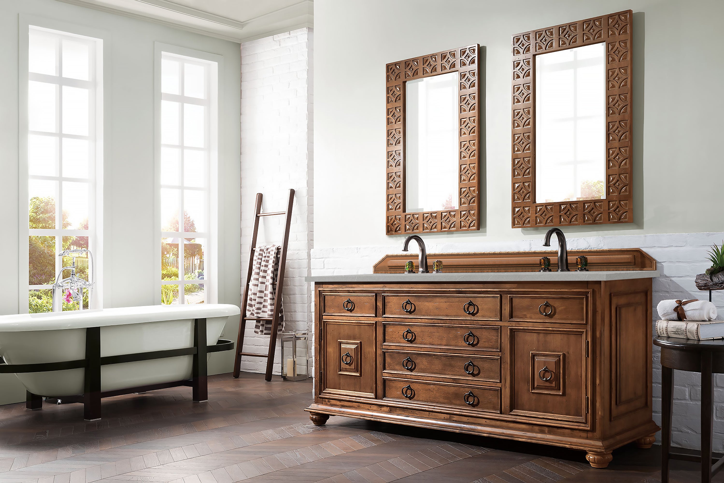 Mykonos 72-Inch Double Vanity Bathroom Cabinet with 3CM Eternal Serena Quartz Top in Cinnamon Finish – Perfect for Modern Master Bathrooms & Luxurious Home Renovations