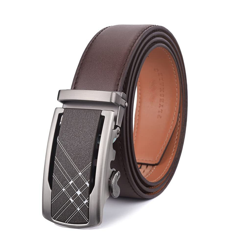 Genuine Leather Belt for Men - Gray Automatic Ratchet Buckle - Business Casual Dress Belt - Perfect for Office, Wedding & Formal Events