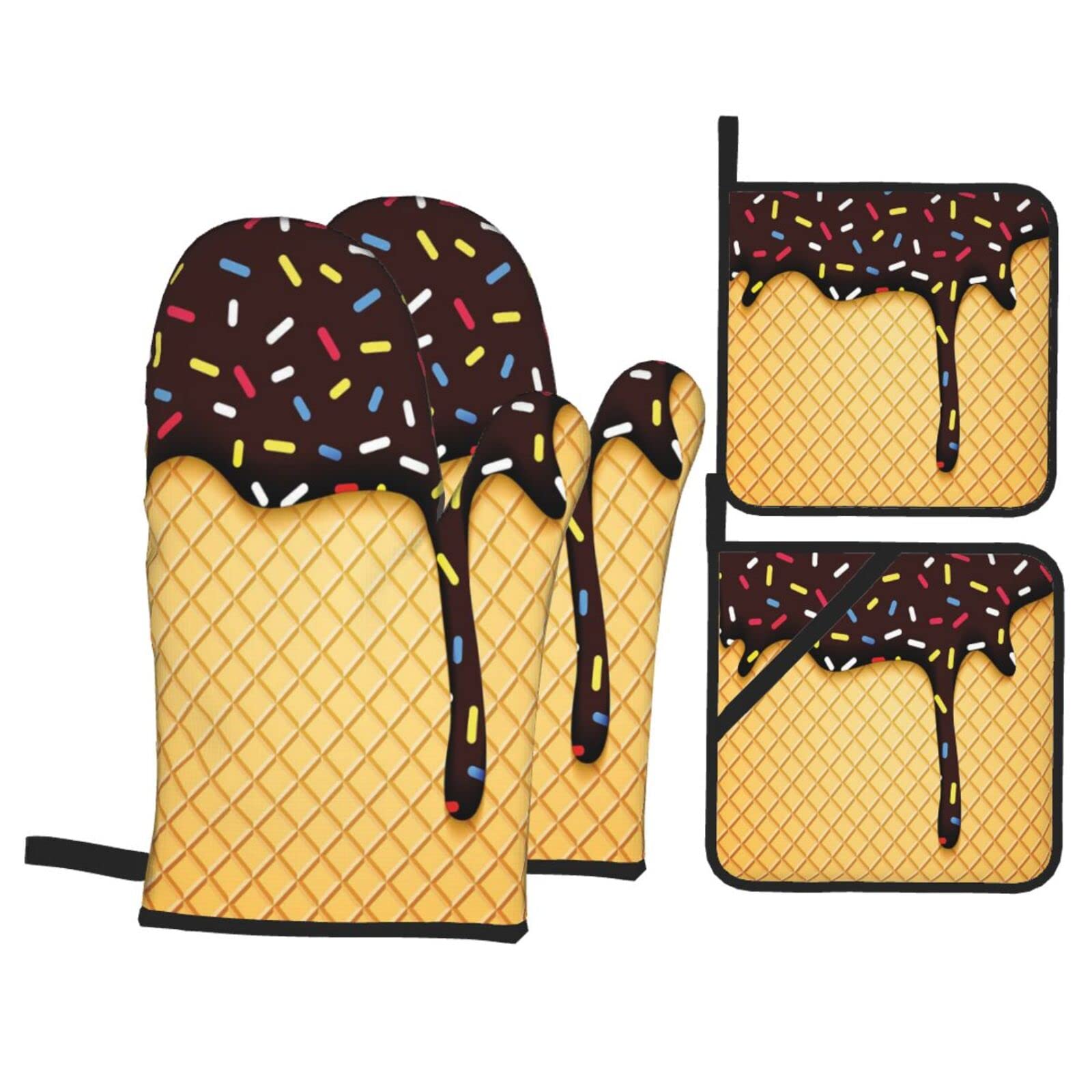 Premium 4-Piece Chocolate Ice Cream Oven Mitts & Pot Holders Set - Heat Resistant BBQ, Grill, Oven & Microwave Cooking Gloves - Perfect for Baking, Grilling & Kitchen Safety