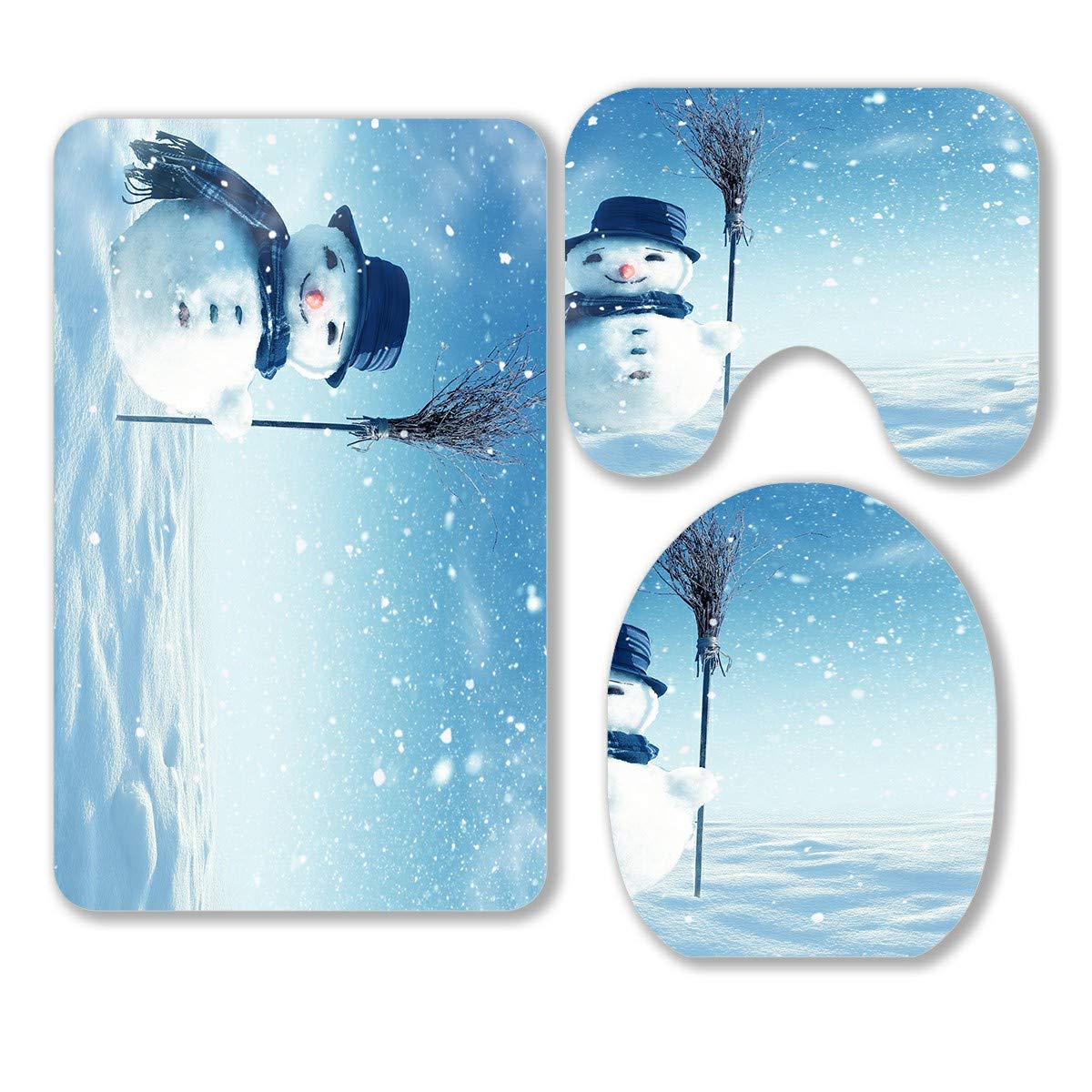 Happy Snowman Standing Winter Christmas Bathroom Rugs Set - 3 Piece Non-Slip Bath Mat, Contour Rug & Toilet Lid Cover for Holiday Decor - Perfect for Festive Bathroom Decorations & Cozy Winter Home