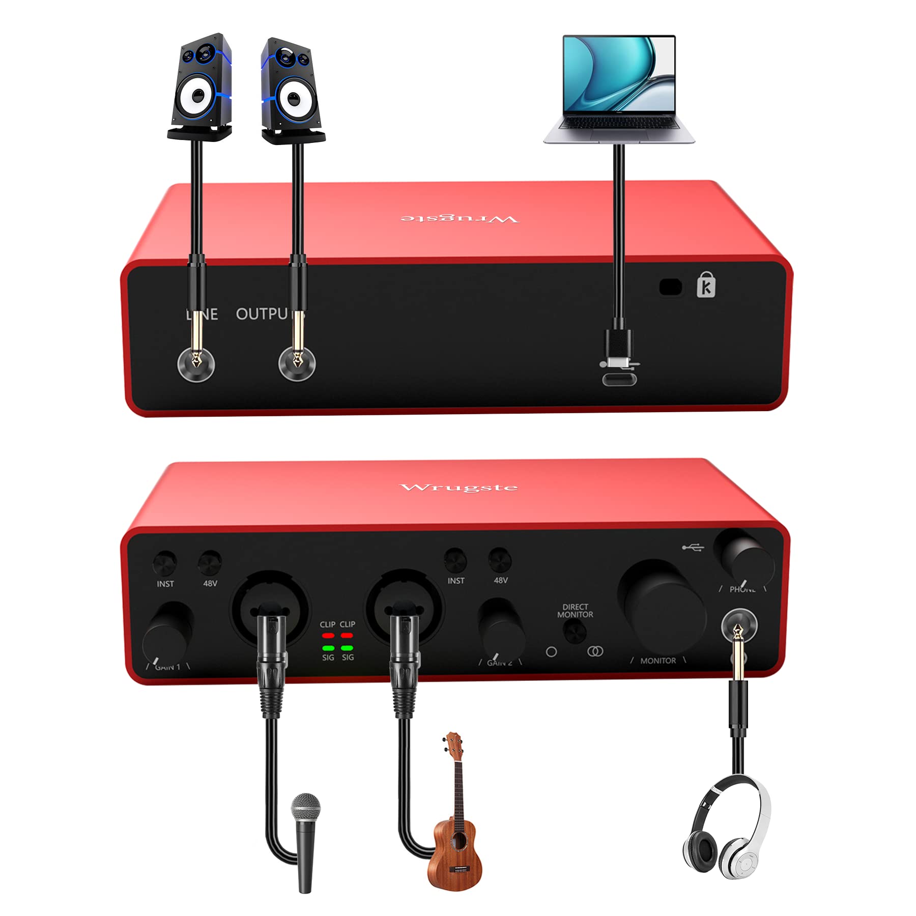 Wrugste Professional XLR Audio Interface - 24Bit/192kHz USB Recording Interface with Ultra-Low Latency, 48V Phantom Power & Plug & Play for Podcasting, Streaming, Music Production - Perfect for Home Studio, Voice Overs & Live Performances