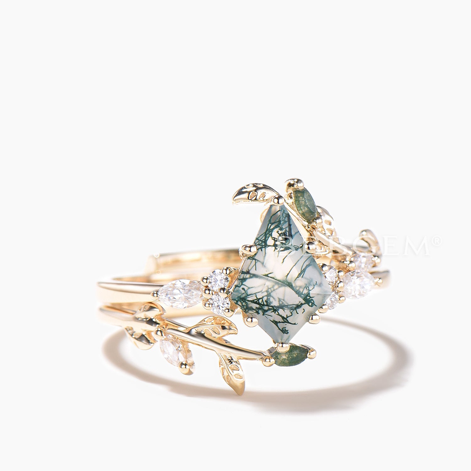 Twig Nature Inspired Moss Agate Leaf Ring Set - Kite Cut Gemstone Wedding Band for Brides, Nature Lovers & Boho Style (Perfect for Outdoor Weddings, Nature-Themed Events & Everyday Boho Fashion)