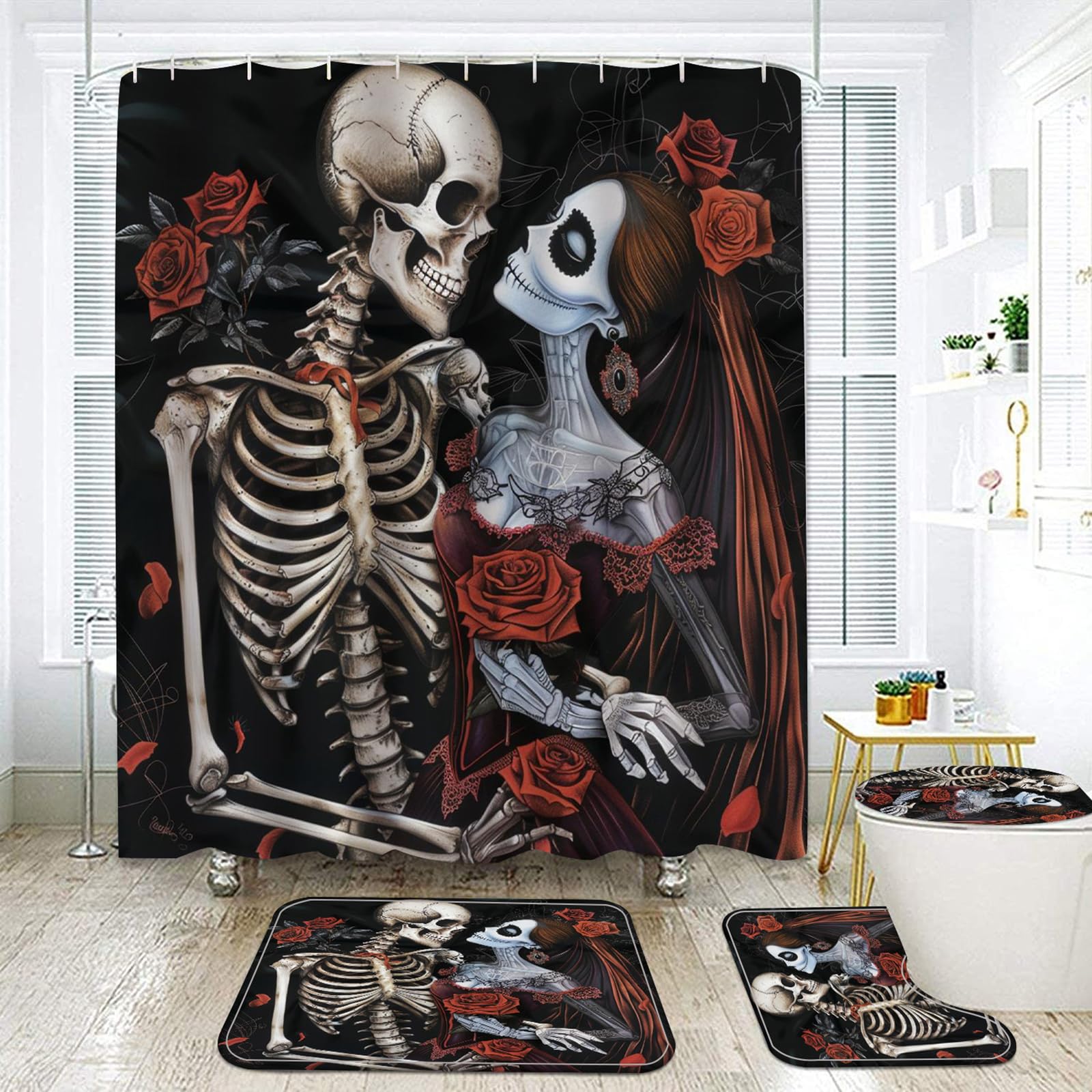 **Halloween Bathroom Set - 4 Pcs Red Rose Skull Couple Shower Curtain, Waterproof U-Shape Rug & Toilet Cover with Hooks, Gothic Decor for Spooky Bathroom Makeover - Perfect for Halloween Parties & Themed Home Decor**