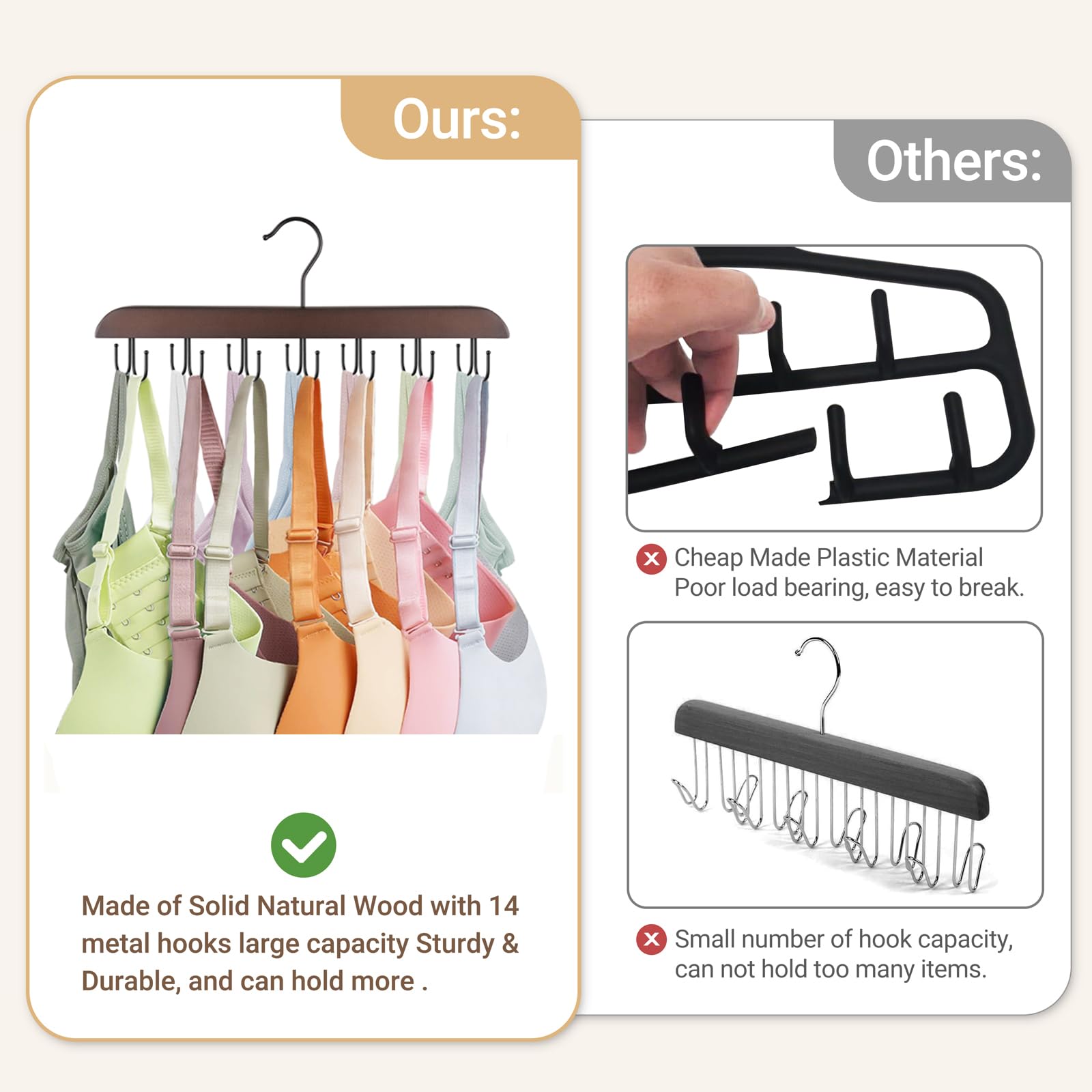 Mkono 2 Pack Wooden Bra Hangers with 14 Hooks - 360° Rotating Space Saving Closet Organizer for Tank Tops, Sports Bras, Belts, Ties & Scarves - Perfect for Home, Apartment & Dorm Room Storage