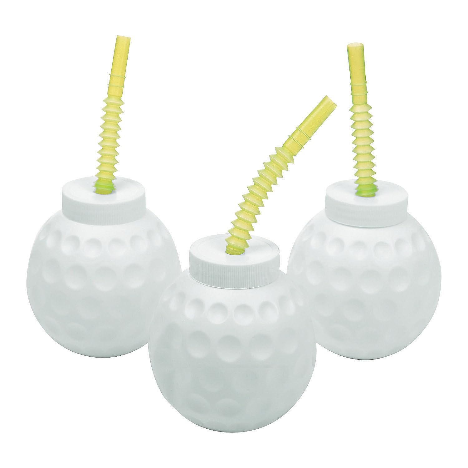 Fun Express 14 oz. BPA-Free Plastic Golf Ball Molded Reusable Cups with Lids & Straws - Set of 12 - Perfect for Golf Themed Parties, Outdoor Events, and Summer BBQs