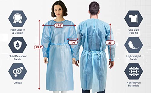 50-Pack Disposable Isolation Gowns - FDA Registered, AAMI Level 1 PP & PE 30g - Fully Closed Back with Double Ties & Elastic Cuffs - Fluid Resistant, Unisex for Medical, Dental, Tattoo & Salon Use