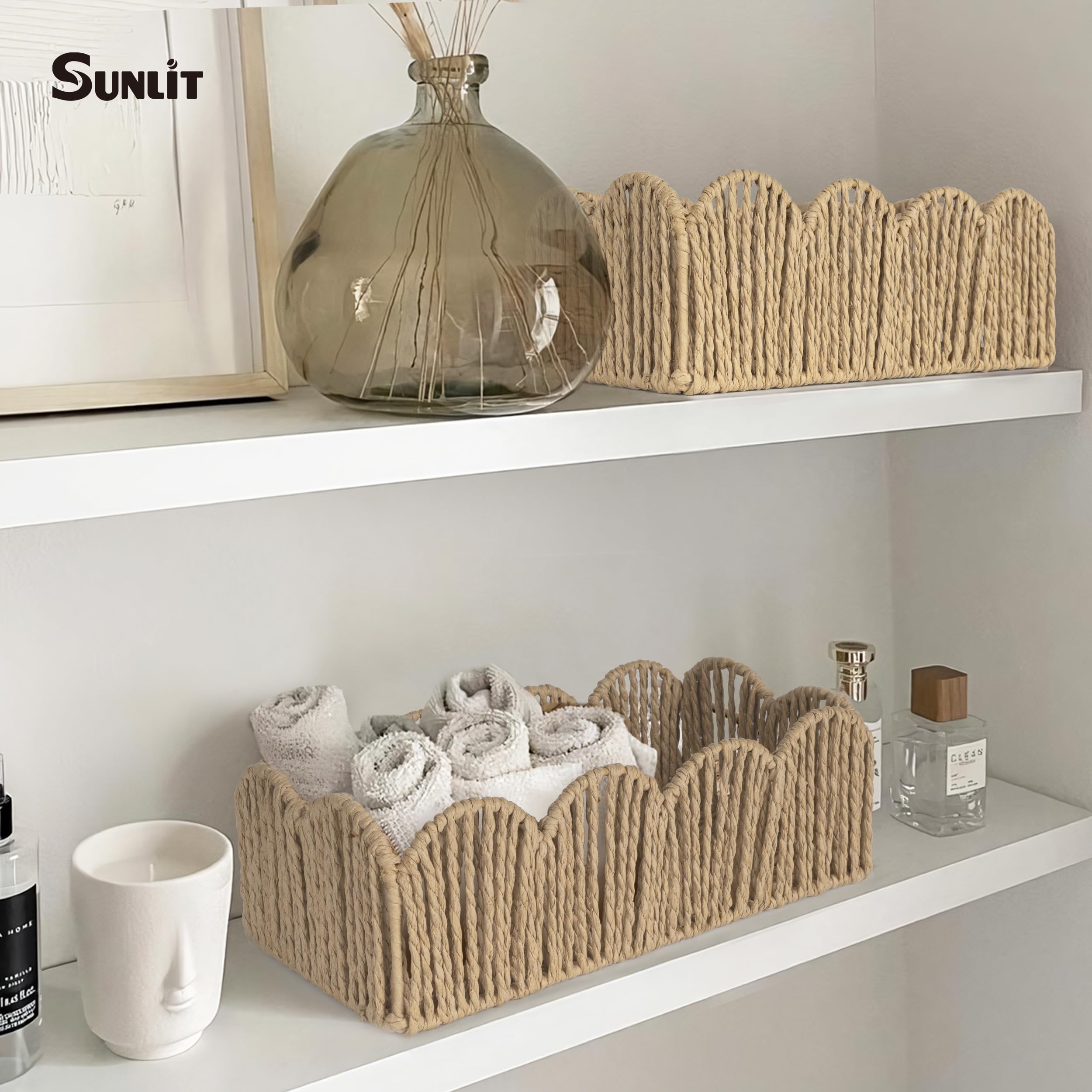 Handwoven Natural Fiber Farmhouse Storage Baskets Set of 2 - Boho Bathroom Organizer with Wavy Design for Toilet Paper & Countertop Decor | Perfect for Bathroom Storage, Living Room Organization & Farmhouse Style Home Decor