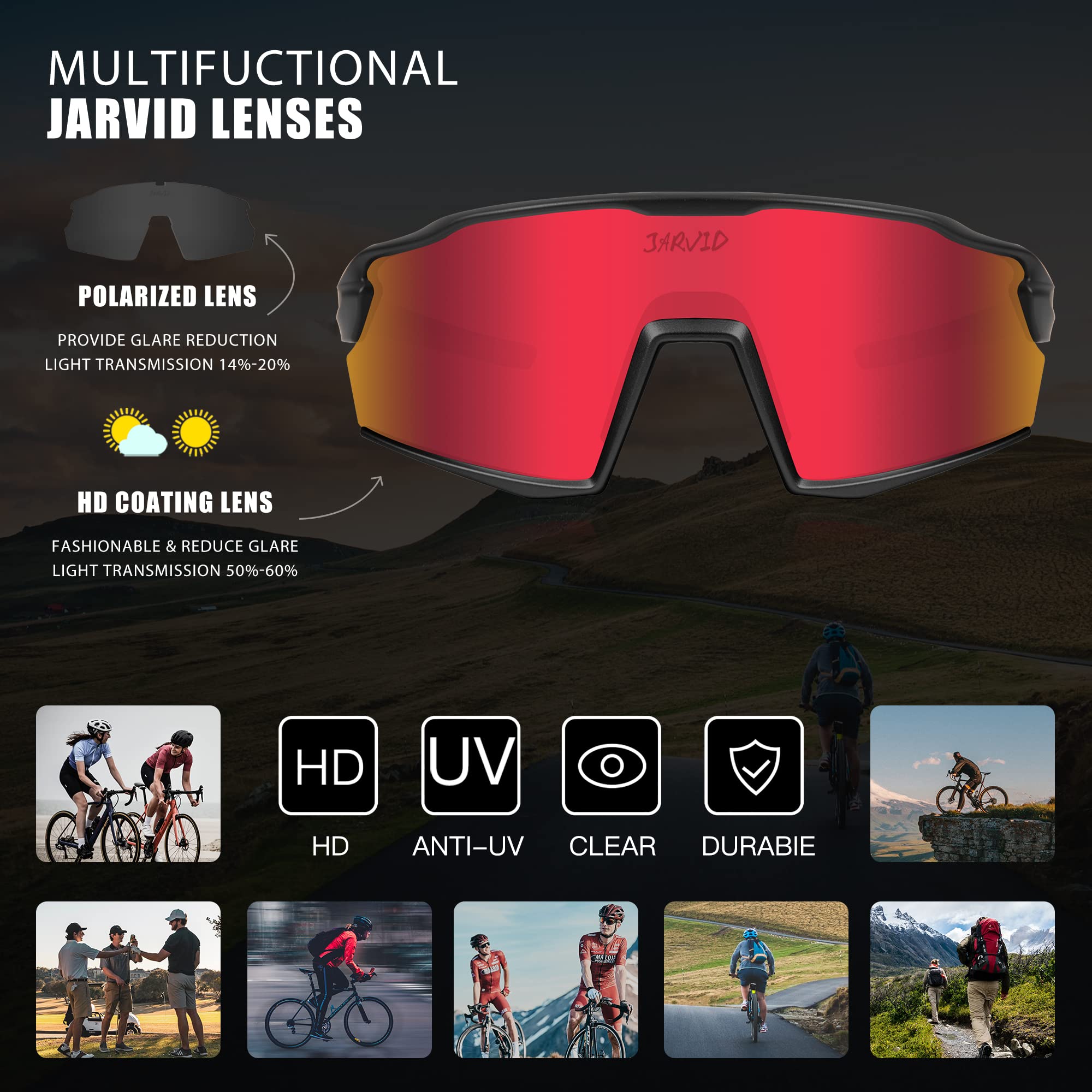 Polarized Cycling Glasses for Men & Women - UV Protection Sports Sunglasses with 4 Interchangeable Lenses for Biking, Running & Outdoor Activities