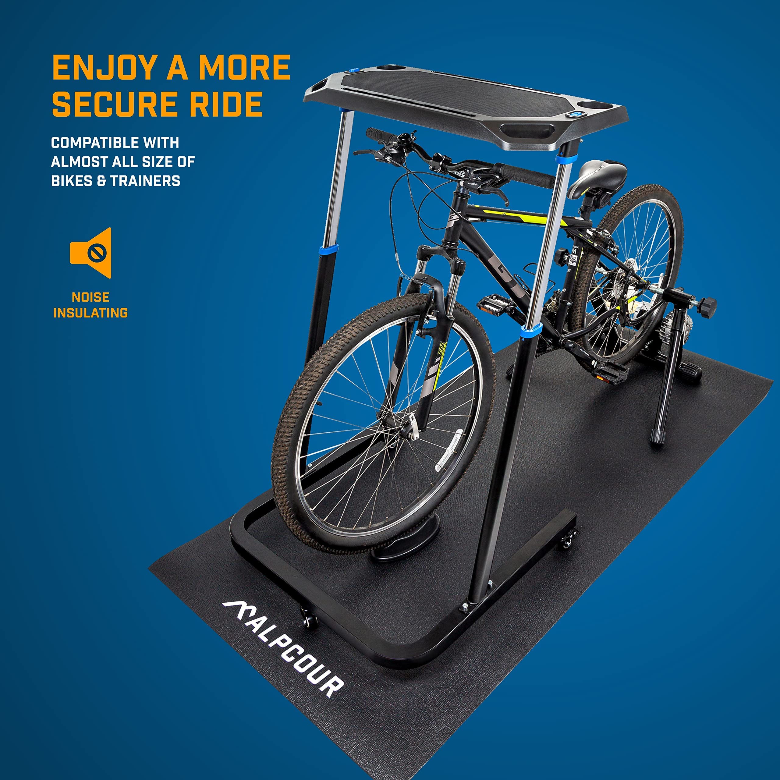 Alpcour Fluid Bike Trainer Stand for Indoor Cycling – Portable Stainless Steel Exercise Bike Stand with Noise Reduction & Progressive Resistance, Dual-Lock System – 36”x78” Multipurpose Bike Trainer Mat for Home Gym, Winter Training & Zwift Workouts