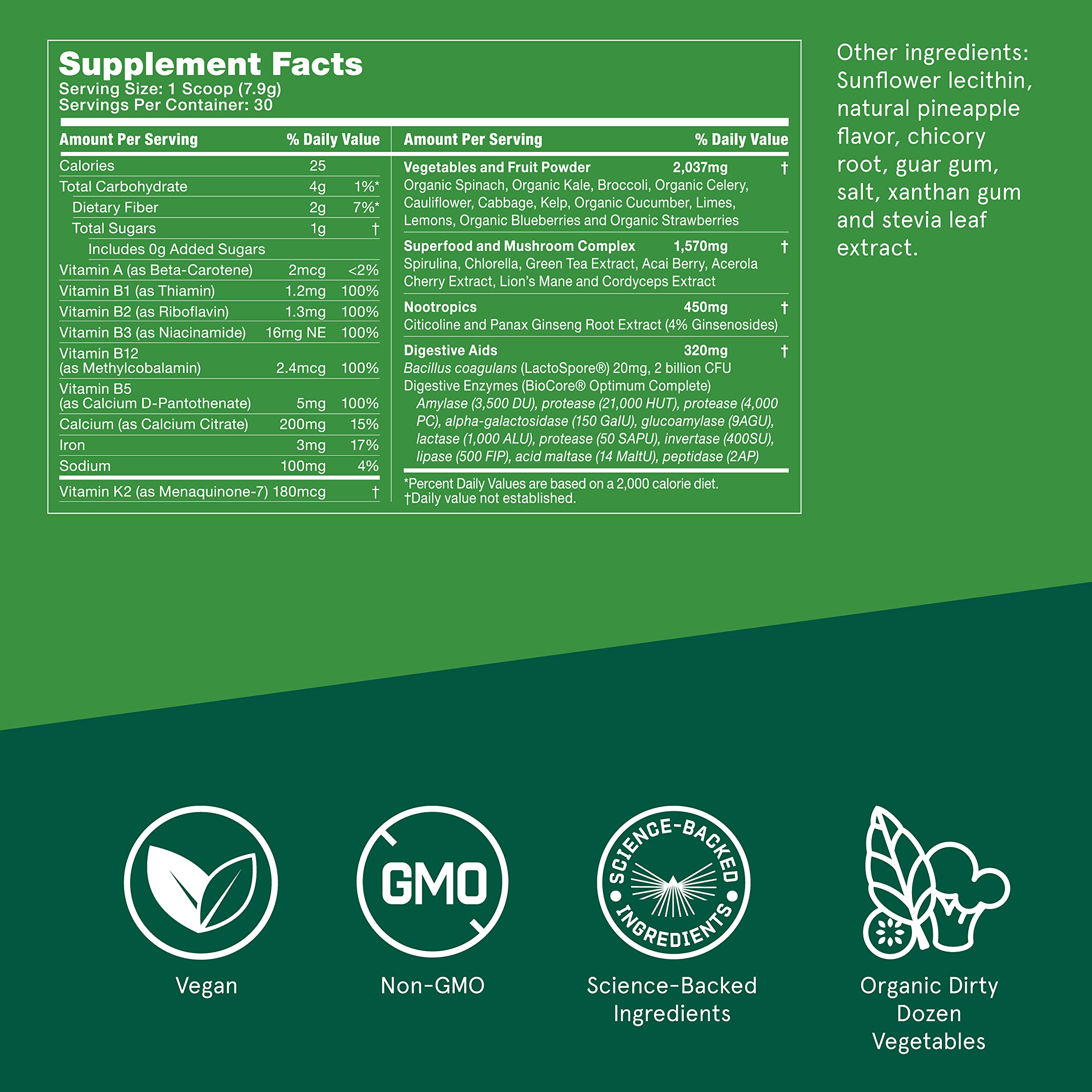 Bulletproof Greens Superfood Powder - 8.4oz (35 Superfoods & 15 Single-Serve Packets) for Daily Wellness, Energy & Immunity Boost - Perfect for Smoothies, Juices & On-the-Go Nutrition
