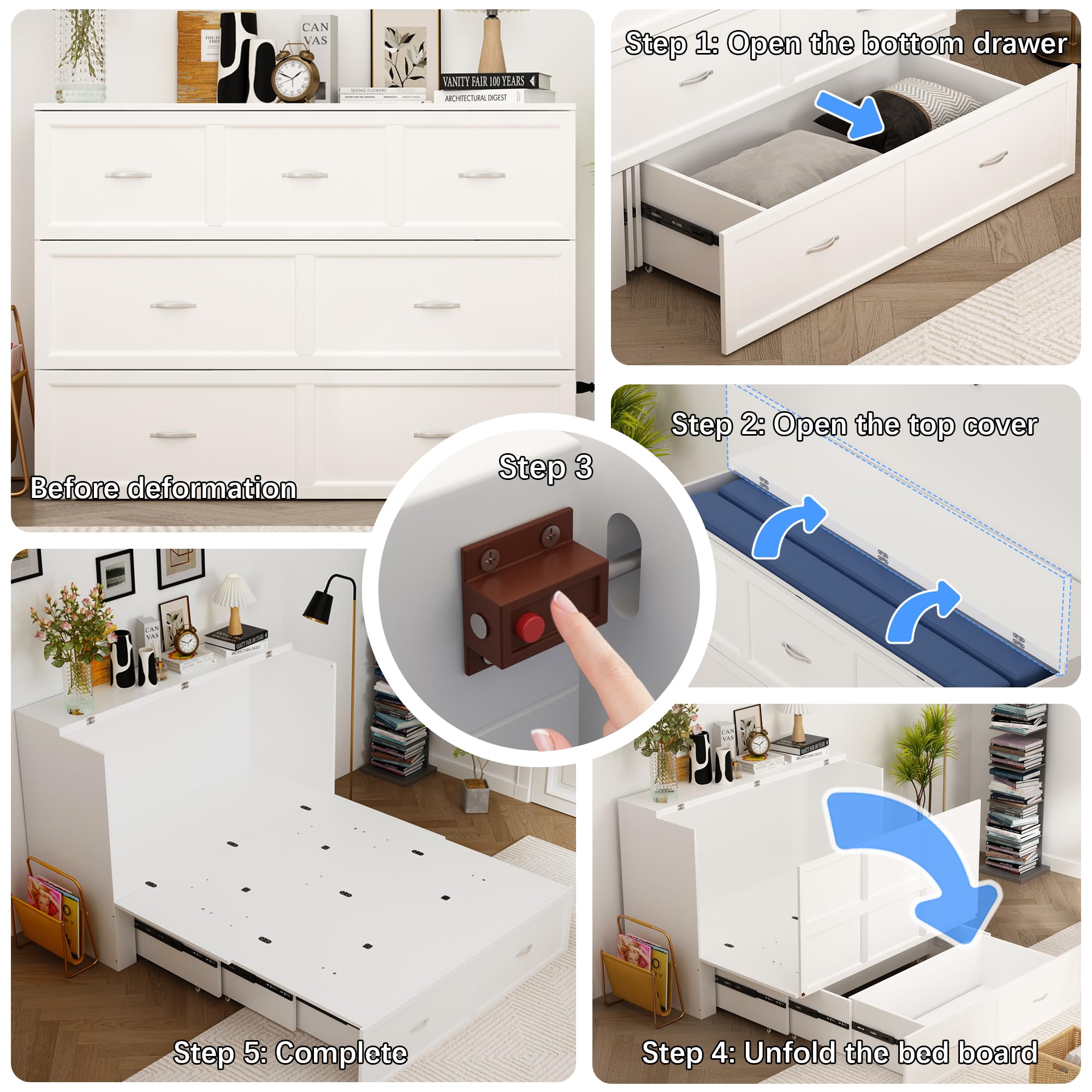 ECACAD Full Size Murphy Cabinet Bed with Built-in Power Strip & 3 Drawers - Foldable Wall Bed, Space Saving Platform Bed for Small Apartments, Guest Rooms & Home Offices - White