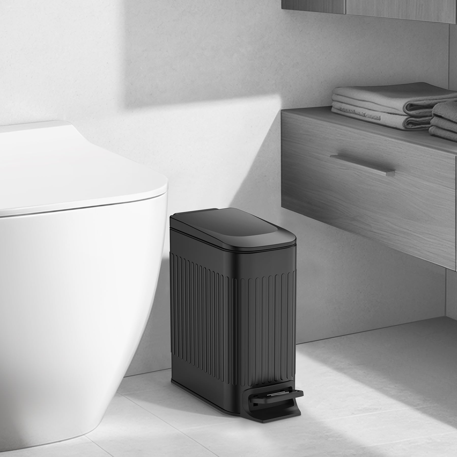 TIPGO Slim Stainless Steel Bathroom Trash Can with Soft Close Lid & Step Pedal - 6L/1.6 Gallon Small Garbage Bin for Bathroom, Bedroom, Office & Kitchen - Perfect for Tight Spaces & Modern Decor (Black)