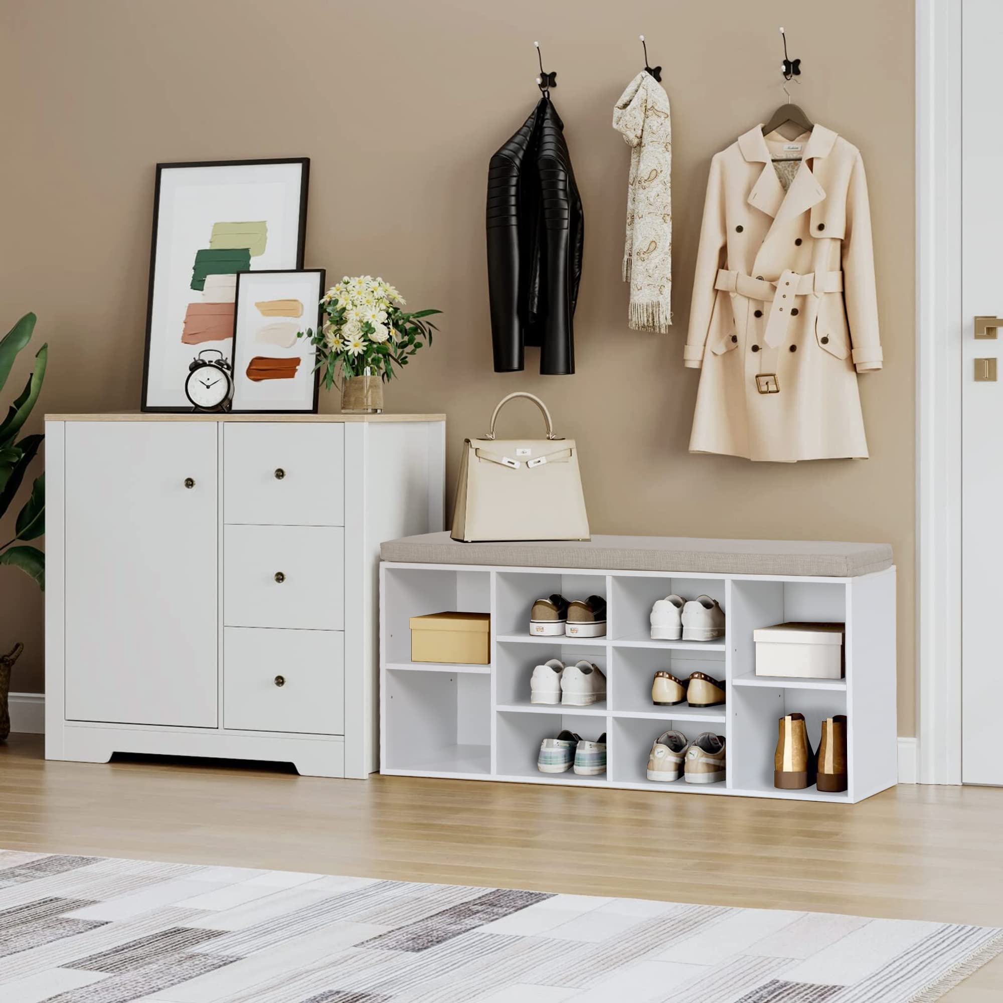PHI VILLA White Shoe Storage Bench with Cushion - Entryway Shoe Organizer Cabinet for Living Room & Hallway - Space Saving Shoe Rack for Home Organization (Perfect for Small Spaces & Closet Storage)