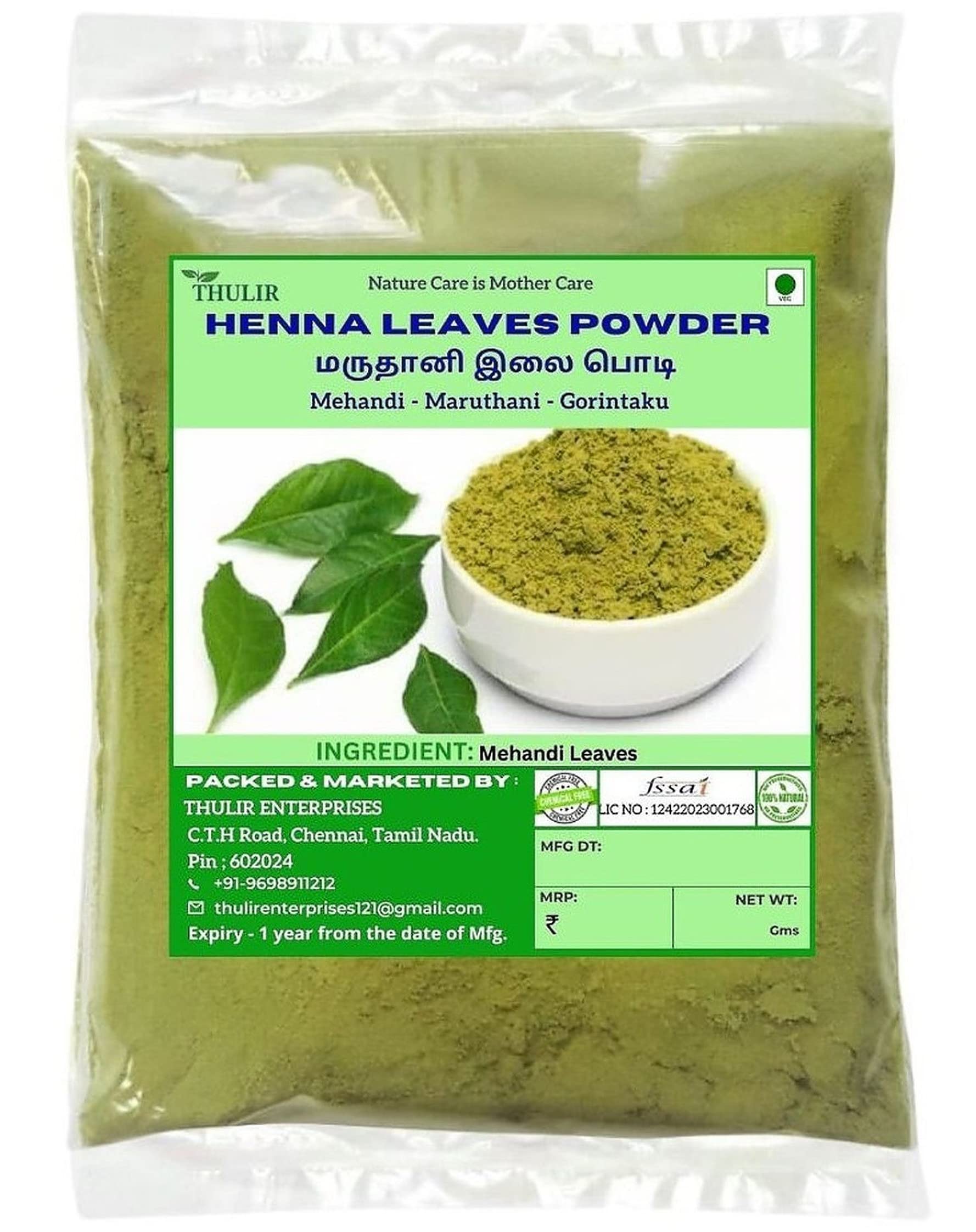 THULIR Organic Henna Powder for Hair - 200g | 100% Natural Herbal Hair Dye | Mehandi & Marudhani Powder for Gray Coverage & Hair Conditioning | Perfect for DIY Hair Coloring at Home & Bridal Mehndi Designs