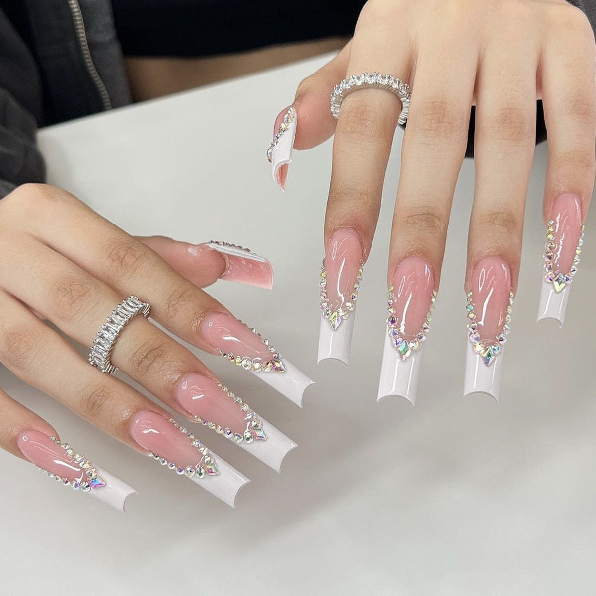 24Pcs Ballet Full Cover Fake Nails - Flower & Butterfly Design with Rhinestones | Press on False Nails for Manicure | Perfect for Weddings, Parties & Special Occasions