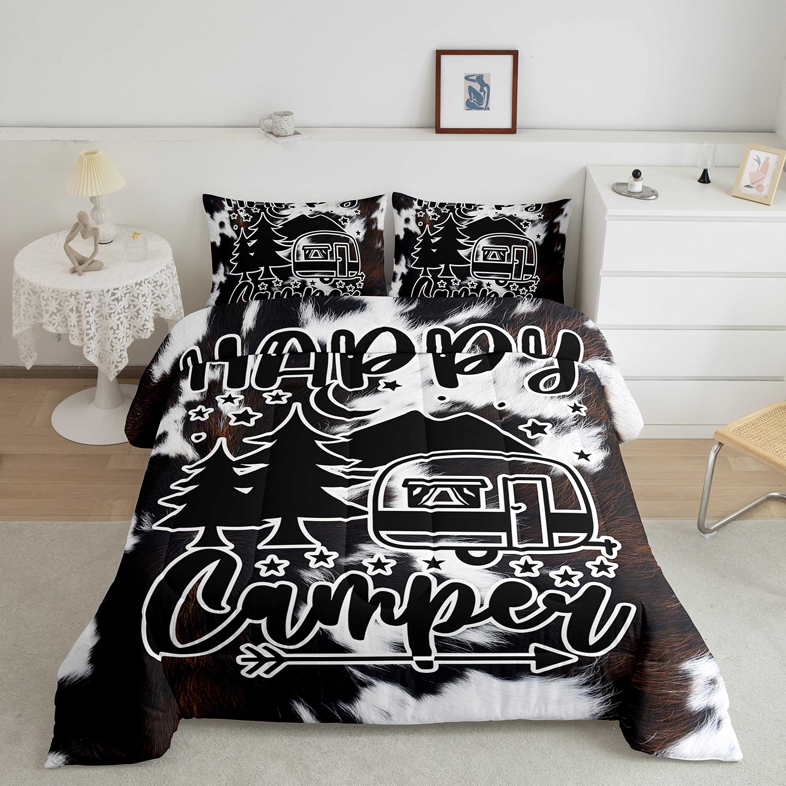 Soft Cow Fur Print Comforter Set Queen Size - 3Pcs Rustic Farmhouse Bedding for Kids Boys Girls | Cozy Camping Decor, Happy Cow Hair Quilted Comforter with Inner Fill | Perfect for Kids' Bedroom, Guest Room & Cabin Retreat