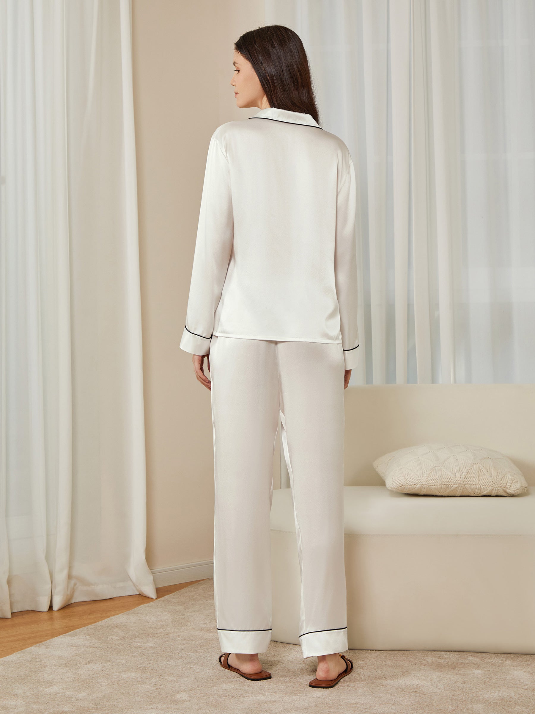 Elegant Piped Silk Long Sleeve Pajama Set for Women - Soft & Luxurious Sleepwear - Perfect for Nighttime Comfort, Lounging, and Bridal Shower Gifts