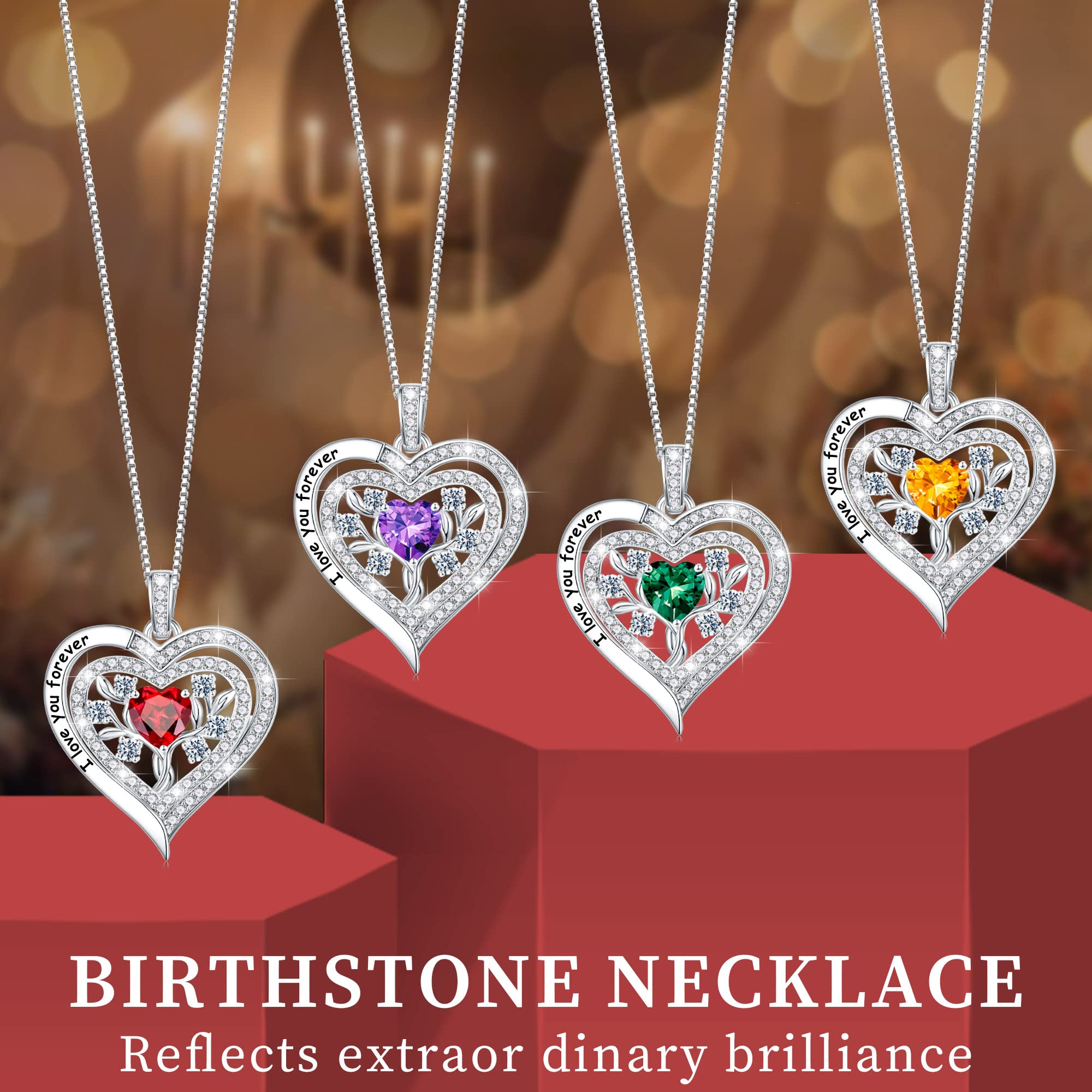 Tree of Life Birthstone Necklace - Sterling Silver 925 Heart Pendant Jewelry for Women, Wife, Grandma & Girls | Personalized Birthday, Mother's Day Gift Idea for Her | Perfect for Special Occasions & Everyday Wear