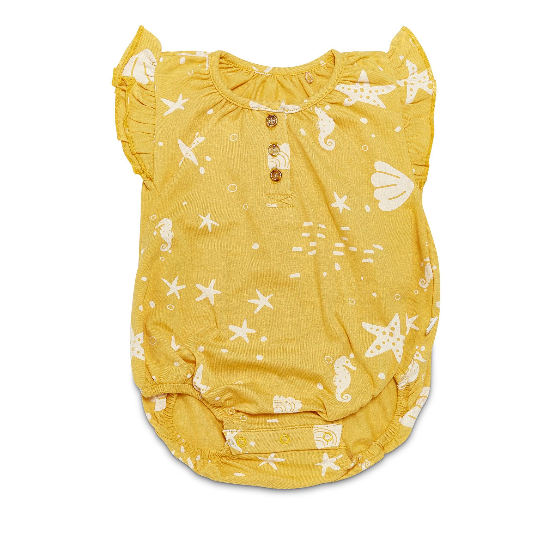 Organic Flutter Sleeve Button Romper - Sunny Yellow Seashells Print | Baby Girls' Summer Outfit for Beach, Park & Photoshoots