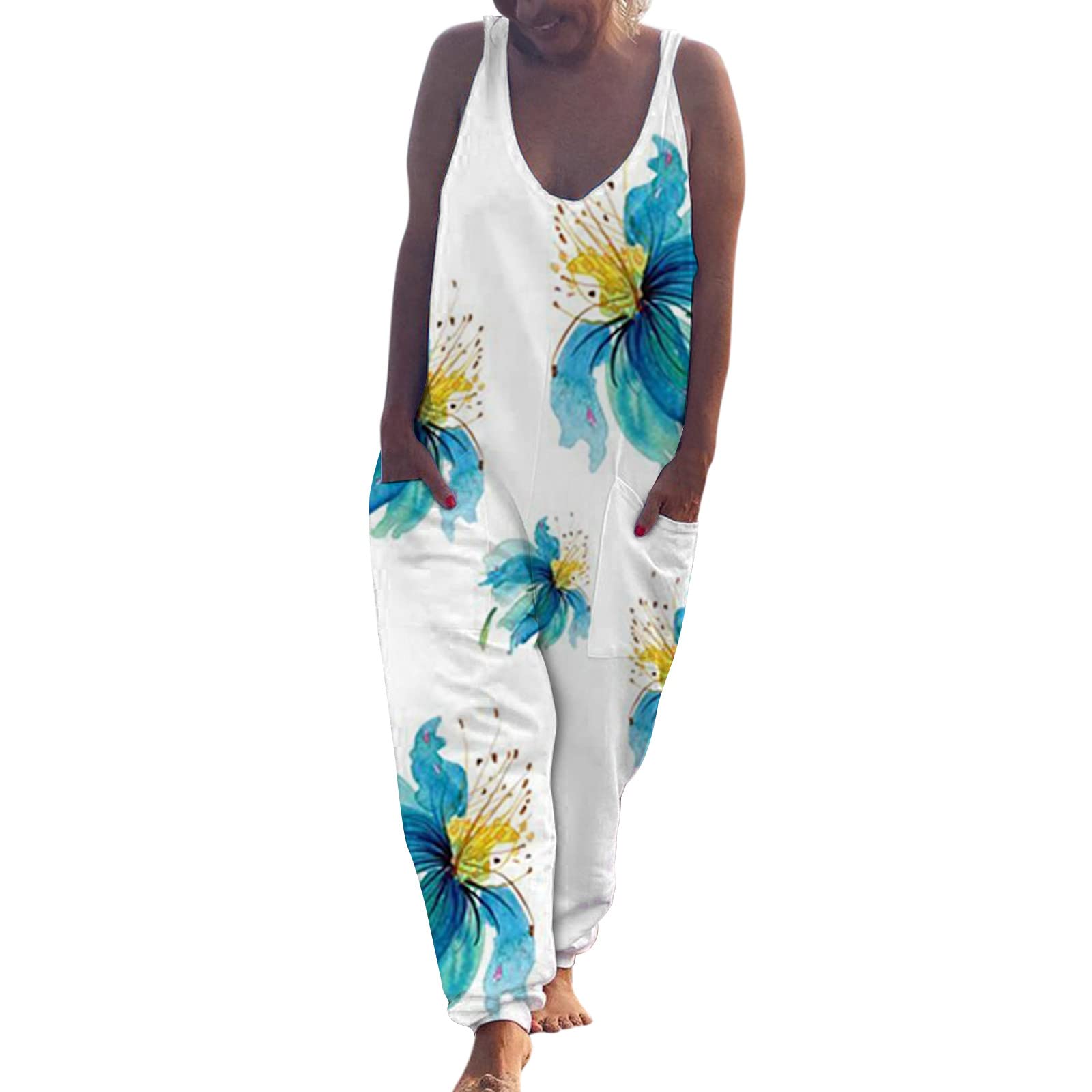 Women's Floral Print Casual Jumpsuit with V-Neck & Pockets - Loose Fit Summer Romper for Daily Wear, Vacation, Beach Outings or New Year's Eve Party (Green, Size S)