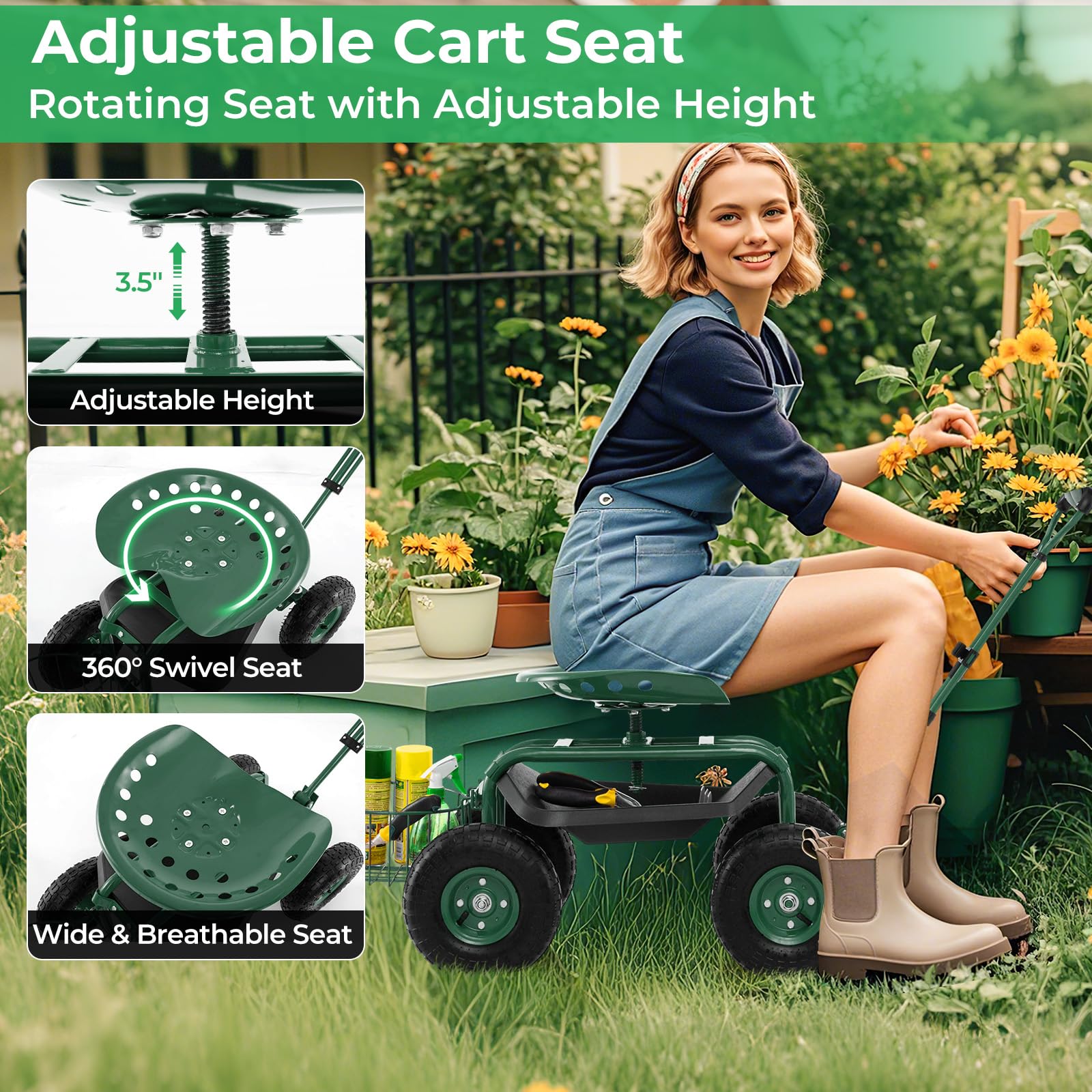 DORTALA Heavy Duty 4-Wheel Garden Cart with 360° Swivel Seat, Storage Basket & Tool Tray - Adjustable Steering Handle & Height for Gardening, Planting & Yard Work | Perfect for Greenhouse, Farm & Outdoor Landscaping