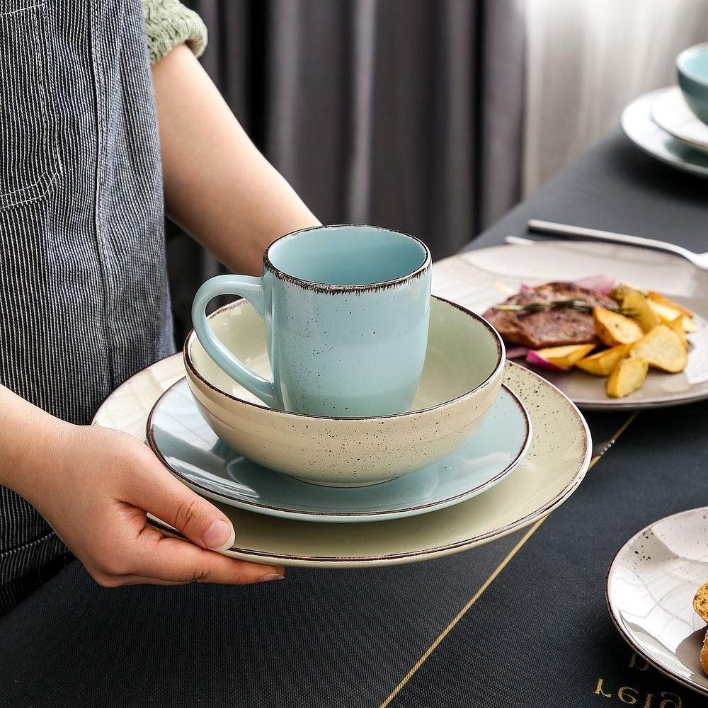 16-Piece Vintage Ceramic Dinnerware Set - Heavy Duty Stoneware, Dishwasher & Microwave Safe, Scratch Resistant - Off White & Blue Plates, Bowls, Mugs - Service for 4 - Perfect for Family Dinners, Entertaining Guests & Everyday Use