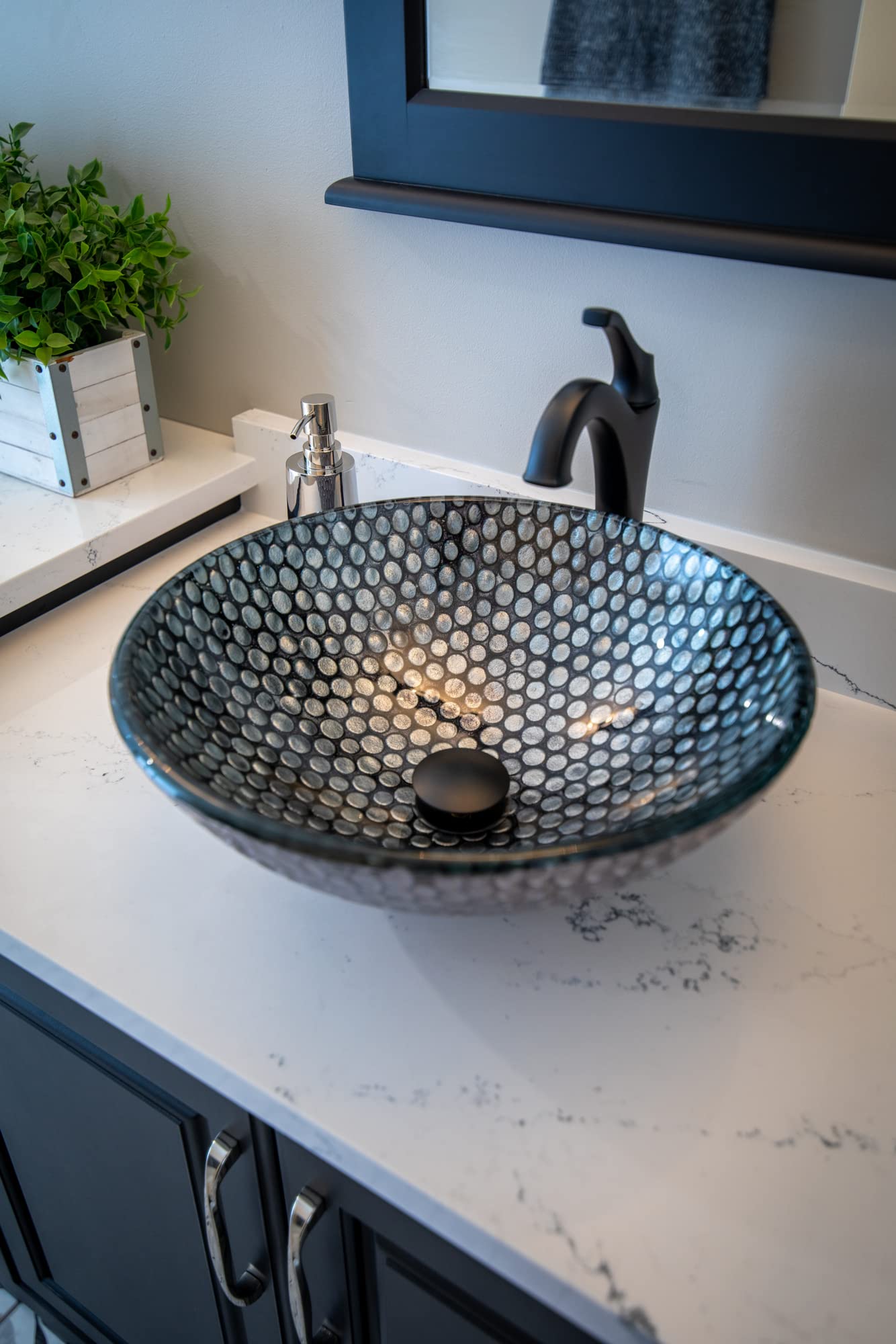 Modern Silver Dots Glass Vessel Bathroom Sink - Elegant Round Above Counter Basin for Vanity, Powder Room & Luxury Home Decor