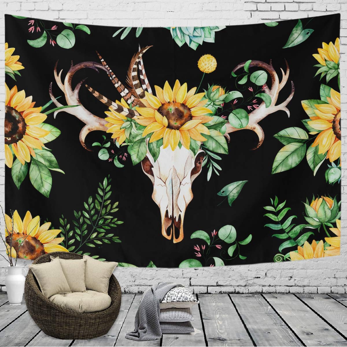 Sunflower Leaves Skull Tapestry Wall Hanging - 80x60 Inch Bohemian Home Decor for Bedroom, Living Room & Dorm | Perfect for Wall Cover, Room Dividers & Festival Decorations