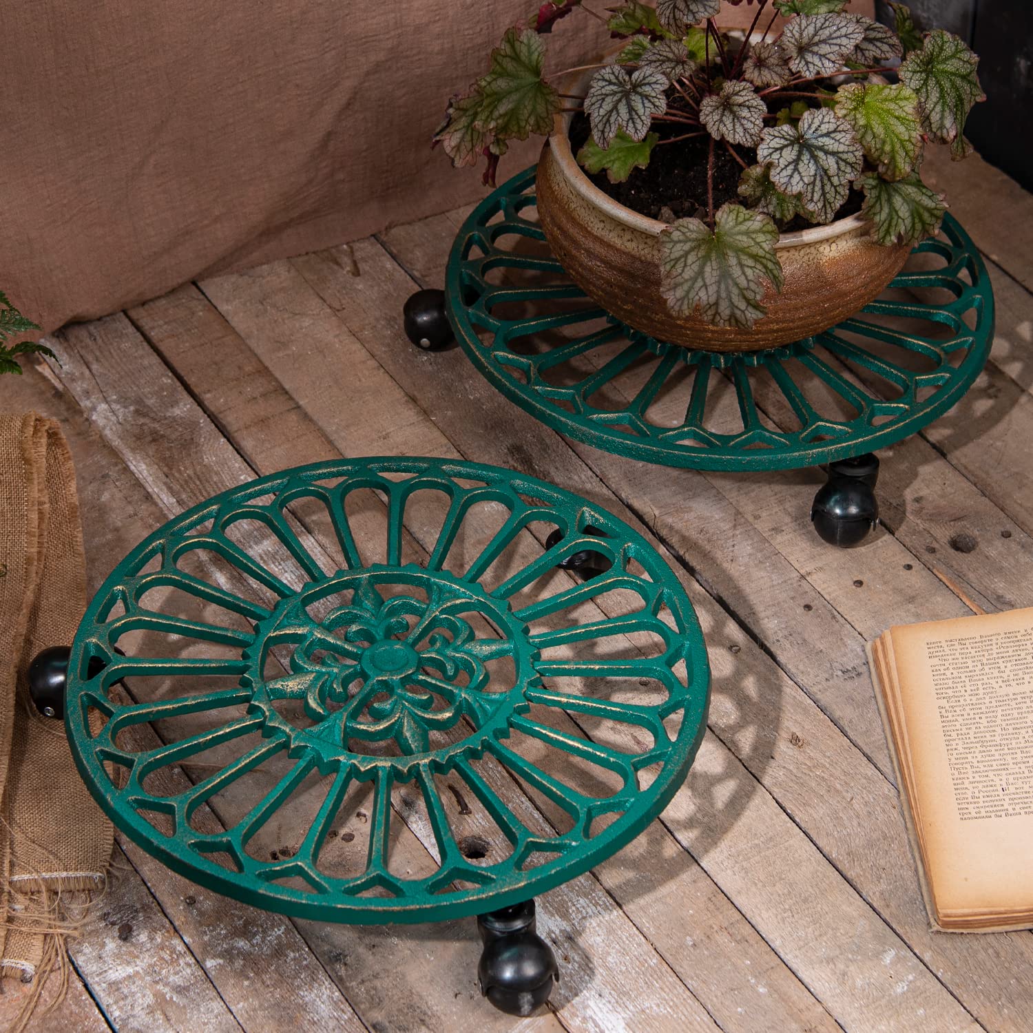 Heavy-Duty Cast Iron Plant Caddy with Wheels - 2 Pack 14.8