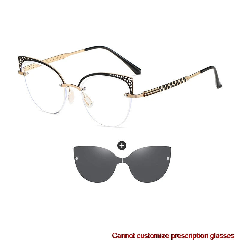 CCSpace Women's Full Rim Oval Cat Eye Alloy Eyeglasses with Clip-On Sunglasses - Fashionable Retro Frame for Work, Driving & Outdoor Activities (Model 302035)