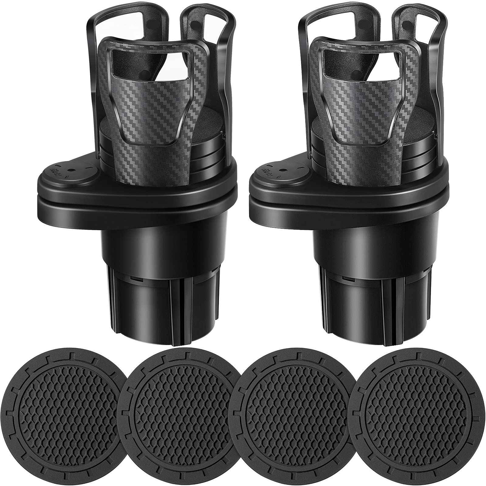2 Pack Adjustable Car Cup Holder Extender - Universal Vehicle Drink Holder Adapter with 4 Inserts for Cars, SUVs & Trucks (Black) - Perfect for Road Trips, Commuting & Travel Accessories