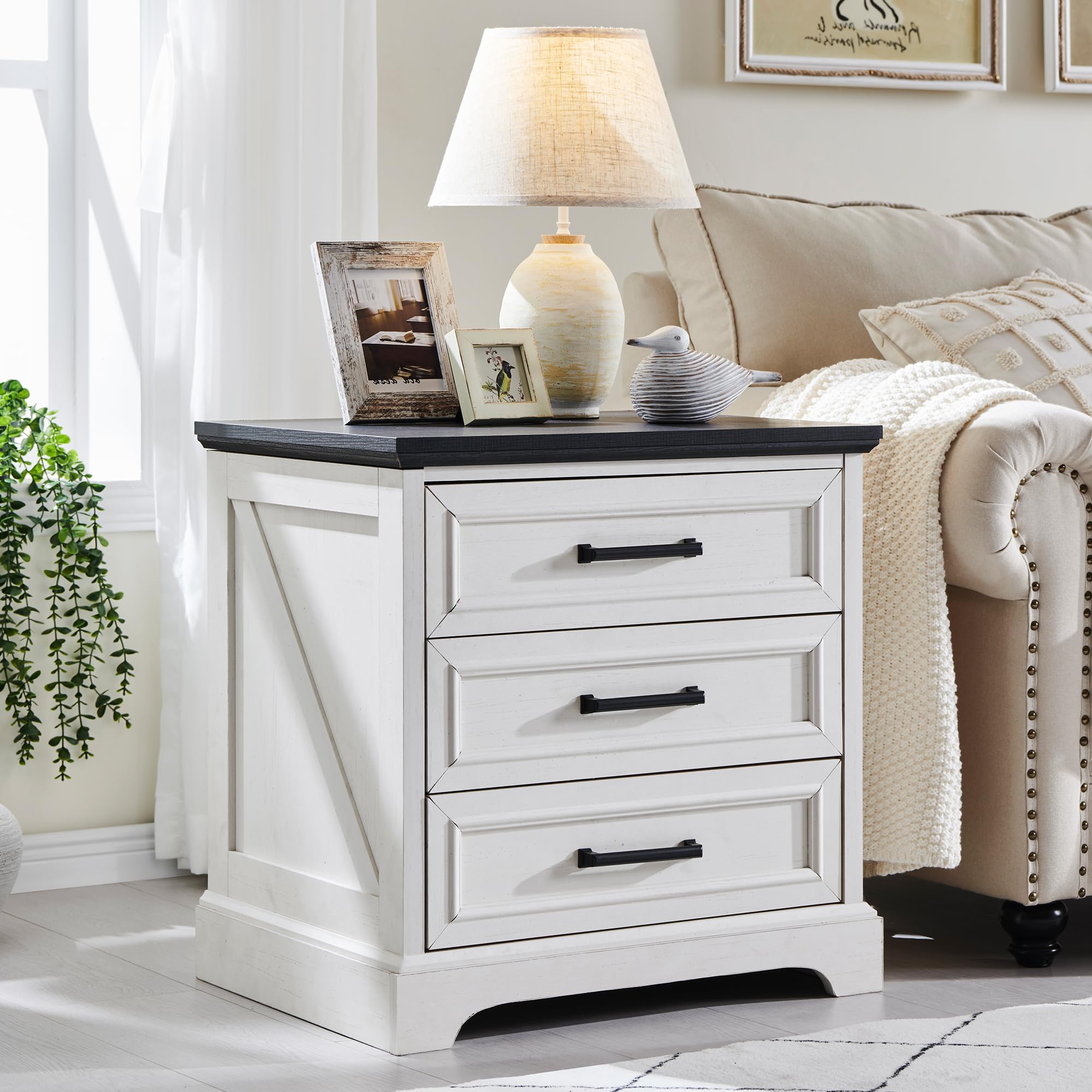 Farmhouse Nightstand with USB Charging Station - 24 Inch Wide Rustic Wood End Table with 3 Large Drawers & Bar Handles - Small Dresser Chest for Bedroom, Living Room, Closet (Off White) - Perfect for Modern Farmhouse Decor & Bedside Organization