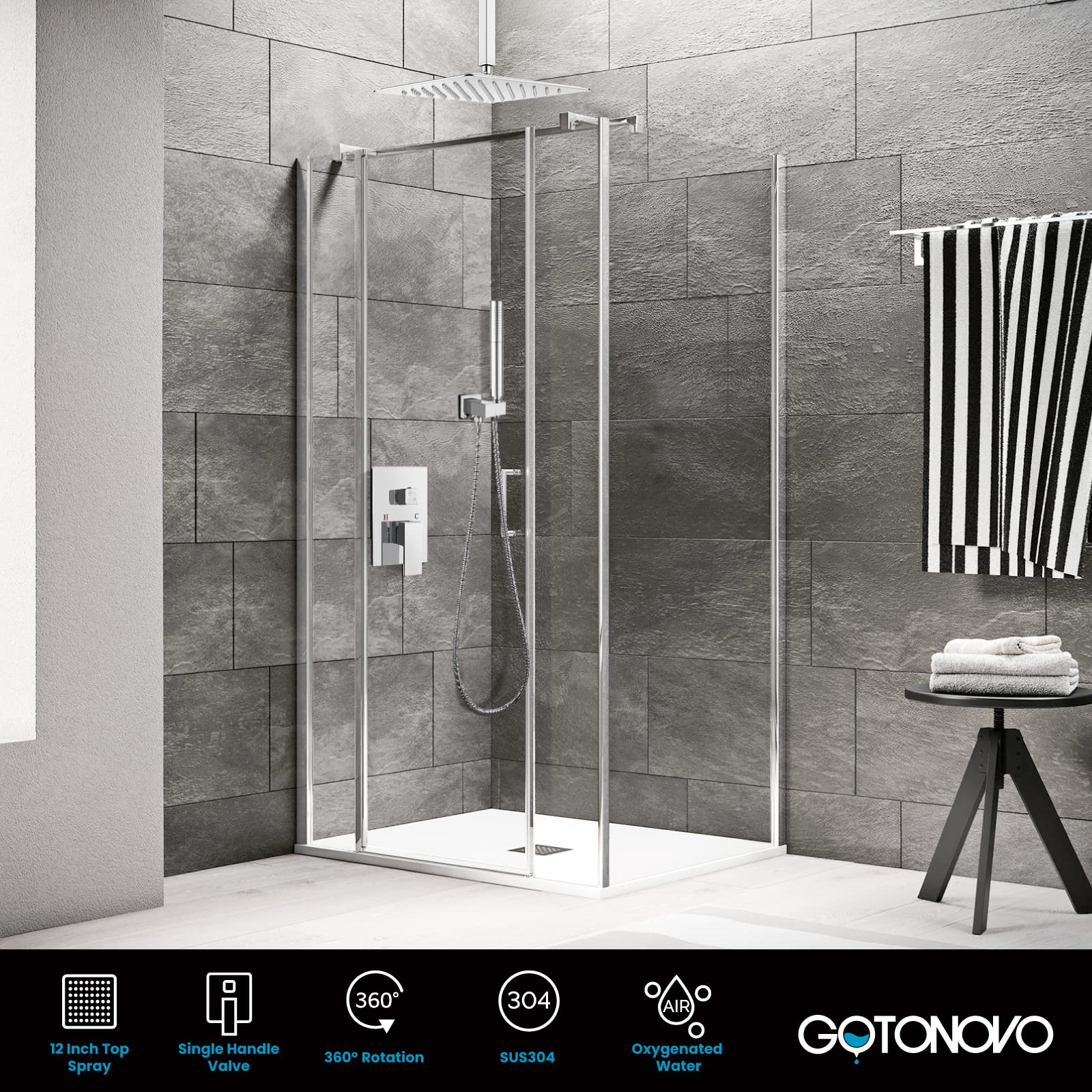 Gotonovo 12 Inch Chrome Polished Ceiling Mount Shower Faucet Set - Square Rainfall Showerhead & 2-in-1 Cylindrical Handheld Shower with Rough-in Valve | Luxury Bathroom Shower System for Modern Homes & Spa-Like Experience