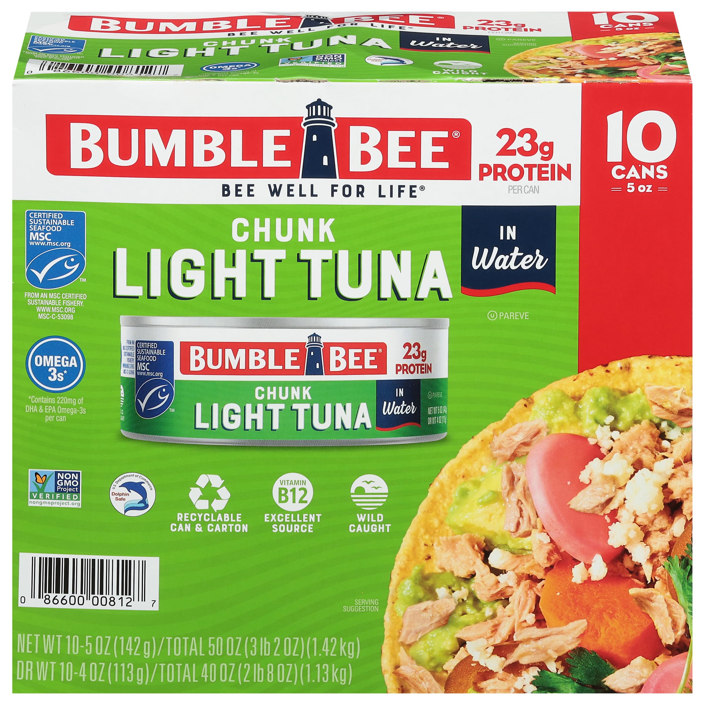 Bumble Bee Chunk Light Tuna in Water, 5 oz Cans (Pack of 10) - Wild Caught Skipjack Tuna - High Protein 23g per Serving - MSC Certified Sustainable Seafood - Non-GMO, Gluten Free, Kosher - Perfect for Salads, Sandwiches & Quick Meals