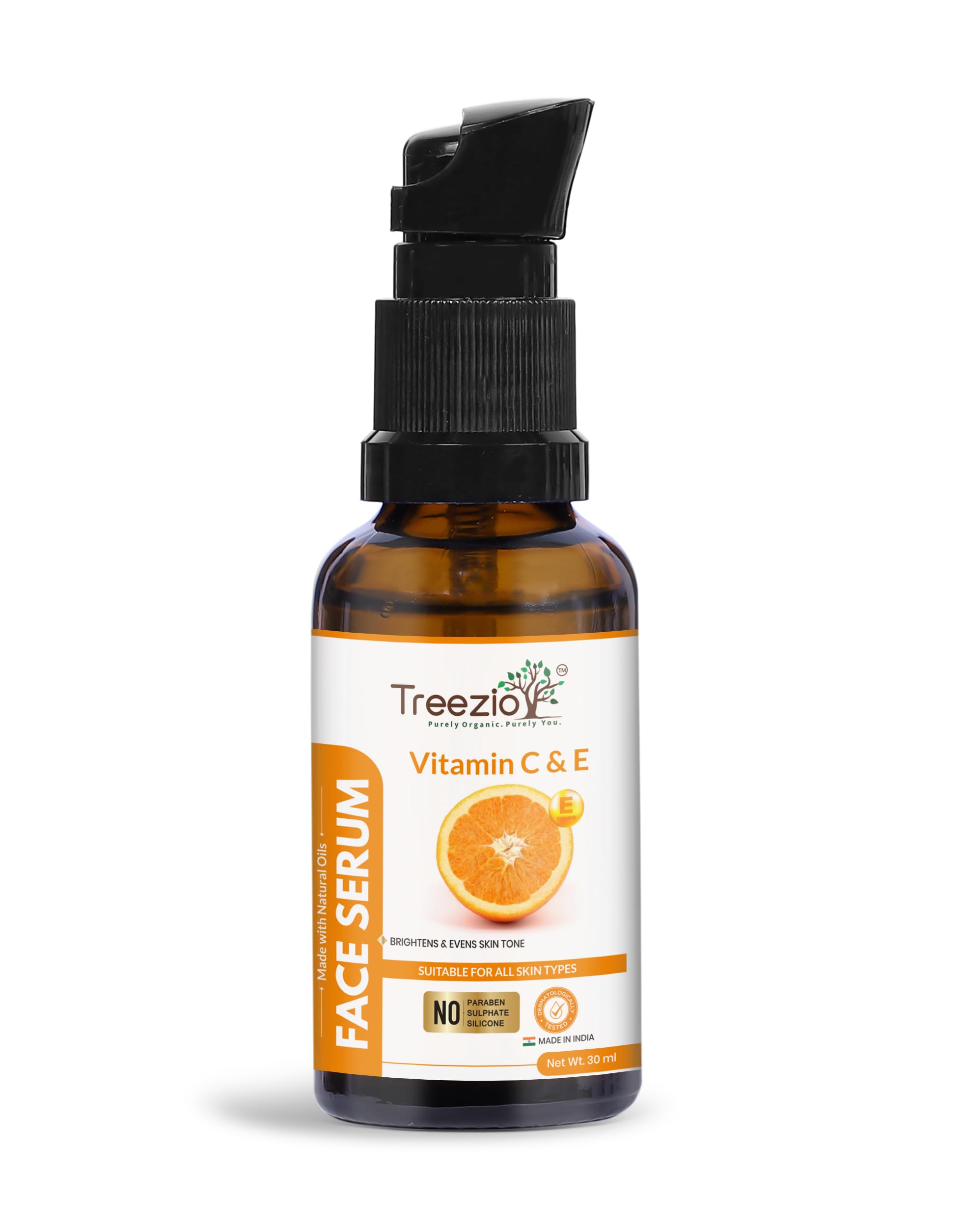 Treezio Vitamin C & E Face Serum for Brightening & Hydrating Skin - Anti-Aging, Glowing Complexion | Sulfate-Free, Paraben-Free Formula | 30ml for Men & Women | Perfect for Daily Skincare & Nighttime Routine