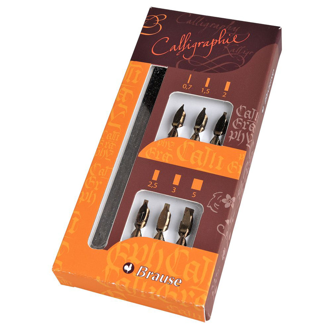 Brause Calligraphy Nib Set - 6 Premium Calligraphy Nibs with 1 Wooden Nib Holder for Hand Lettering, Modern Calligraphy & Art Projects - Perfect for Beginners & Professionals