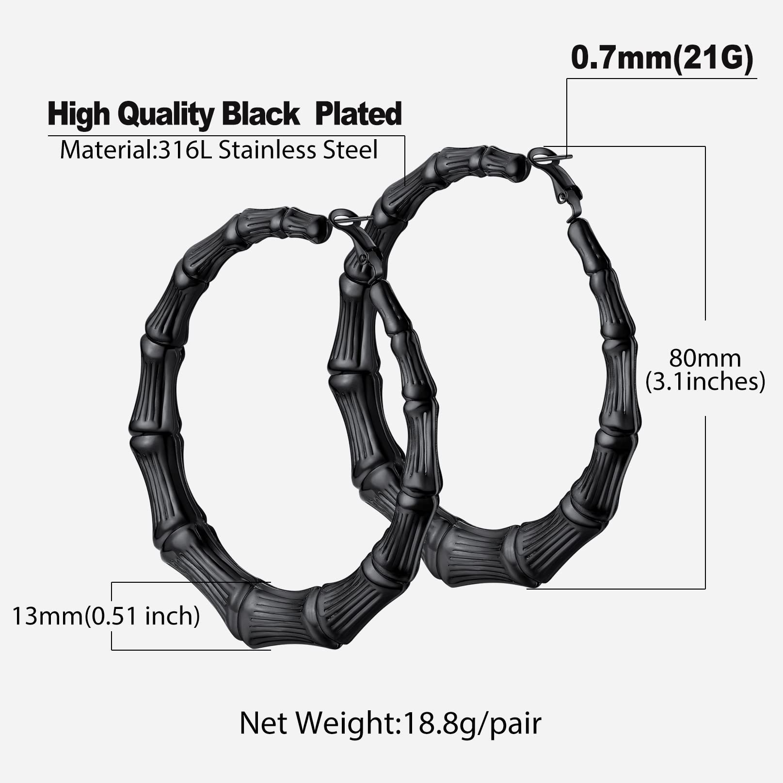 Bandmax Hypoallergenic Bamboo Hoop Earrings for Women - 30/40/60/80mm Large Hoop Earrings in Gold, Black & Stainless Steel - 90s Retro Jewelry for Women & Girls - Perfect for Parties, Work & Everyday Wear