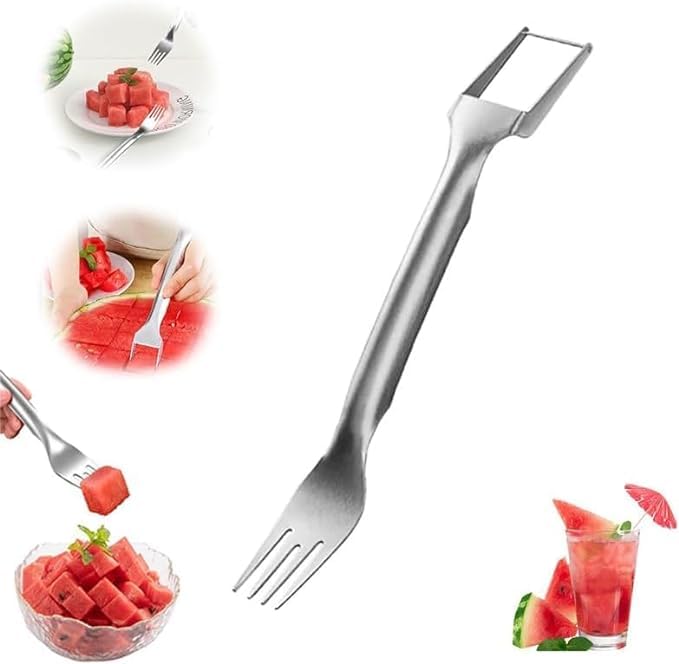 2 in 1 Stainless Steel Fruit Knife & Watermelon Fork Slicer Tool - Dual Head Fruit Cutter for Watermelon, Melon, Pineapple - Perfect for Picnics, BBQs & Kitchen Prep (1pc)