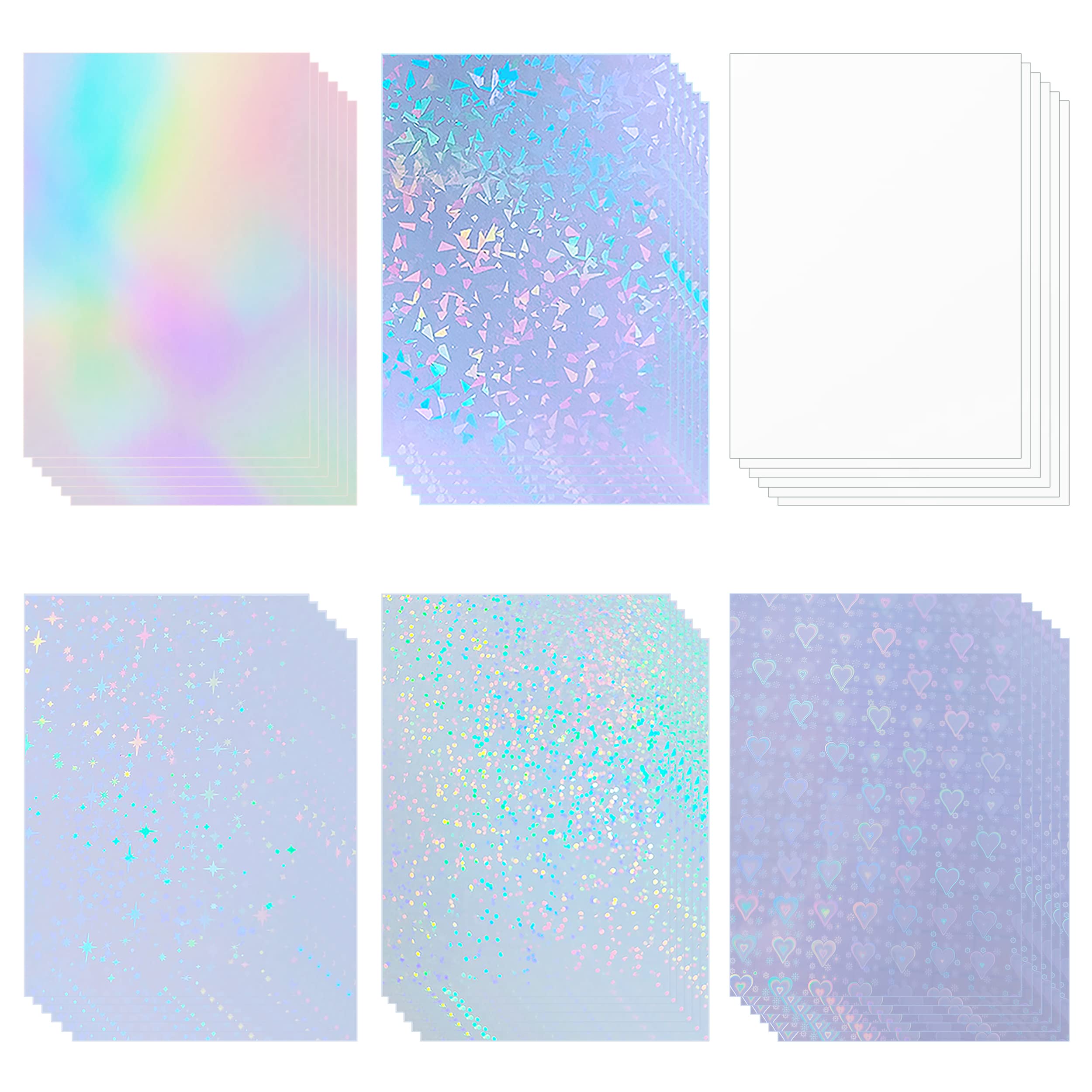 36 Sheets Holographic Sticker Paper - A4 Size (11.7 x 8.3 Inch) Waterproof Self-Adhesive Vinyl with Rainbow Overlay - 6 Mixed Styles for DIY Crafts, Scrapbooking & Decoration