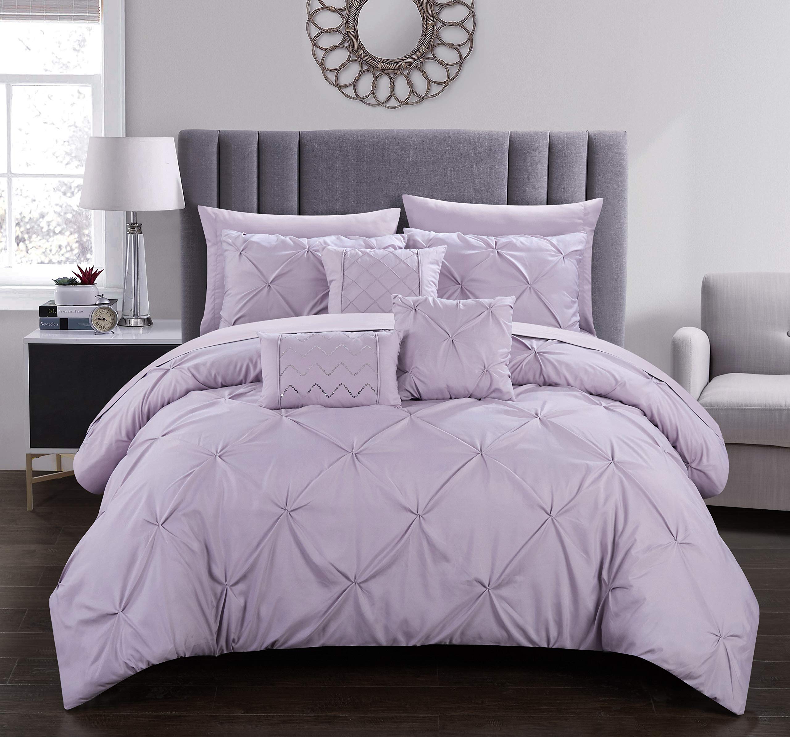 Chic Home Hannah 10-Piece Comforter Set - Queen Size Lavender Pinch Pleated Ruffled Pintuck Bedding with Sheet Set & Decorative Pillow Shams | Complete Bed in a Bag for Luxurious Bedroom Decor