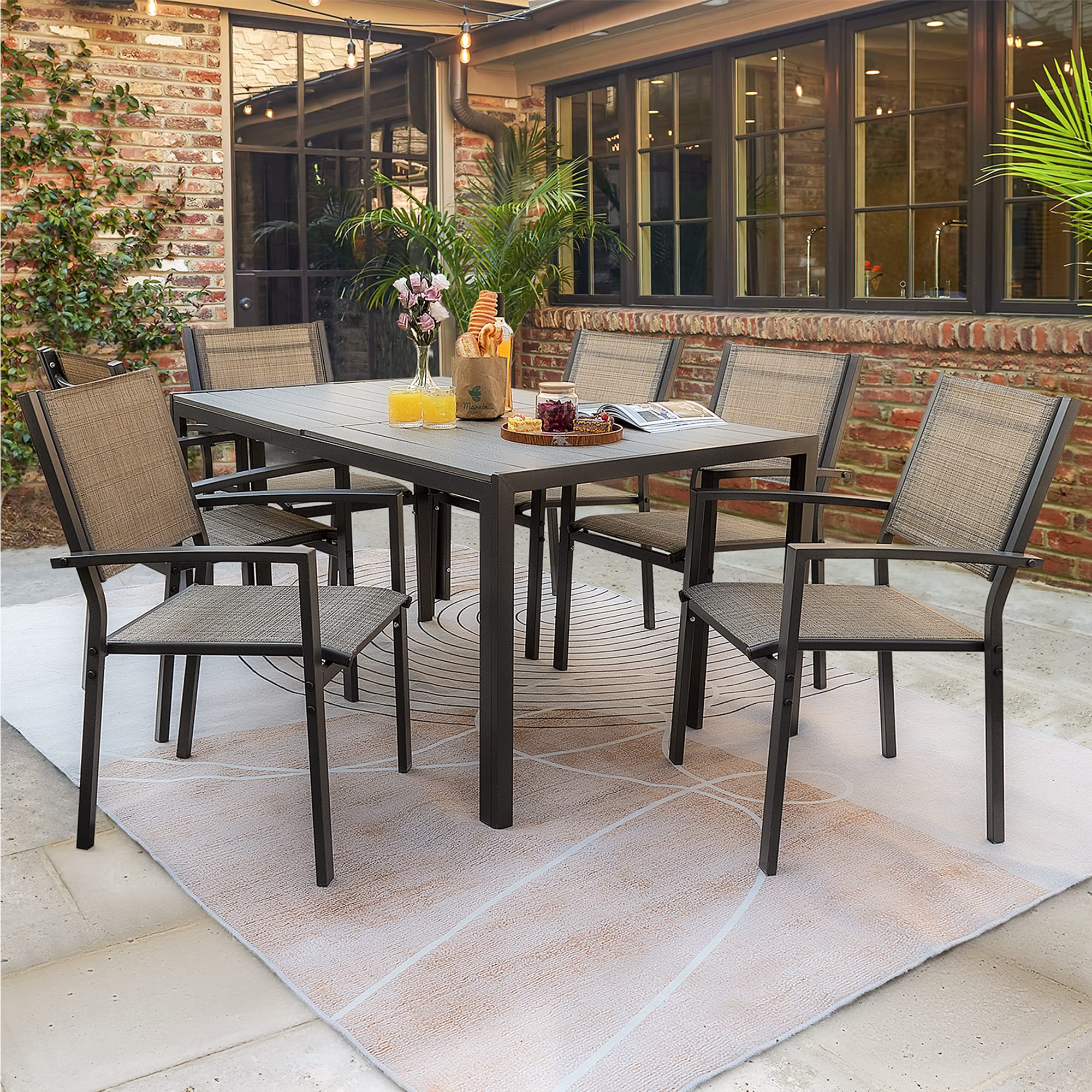 Rankok 7-Piece Patio Dining Set - Outdoor Furniture with Weather-Resistant Table & 6 Stackable Textilene Chairs for Garden, Yard, Poolside (Brown) | Perfect for Backyard BBQs, Outdoor Entertaining & Relaxing by the Pool