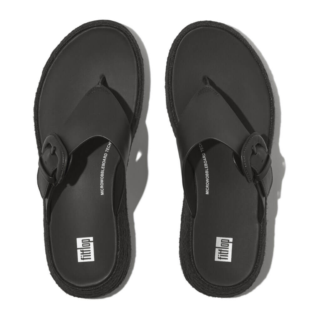 FitFlop F Mode Espadrille Adjustable Leather Flatform Toe Thong Sandals for Women - Black | Comfortable Summer Beach & Casual Walking Sandals