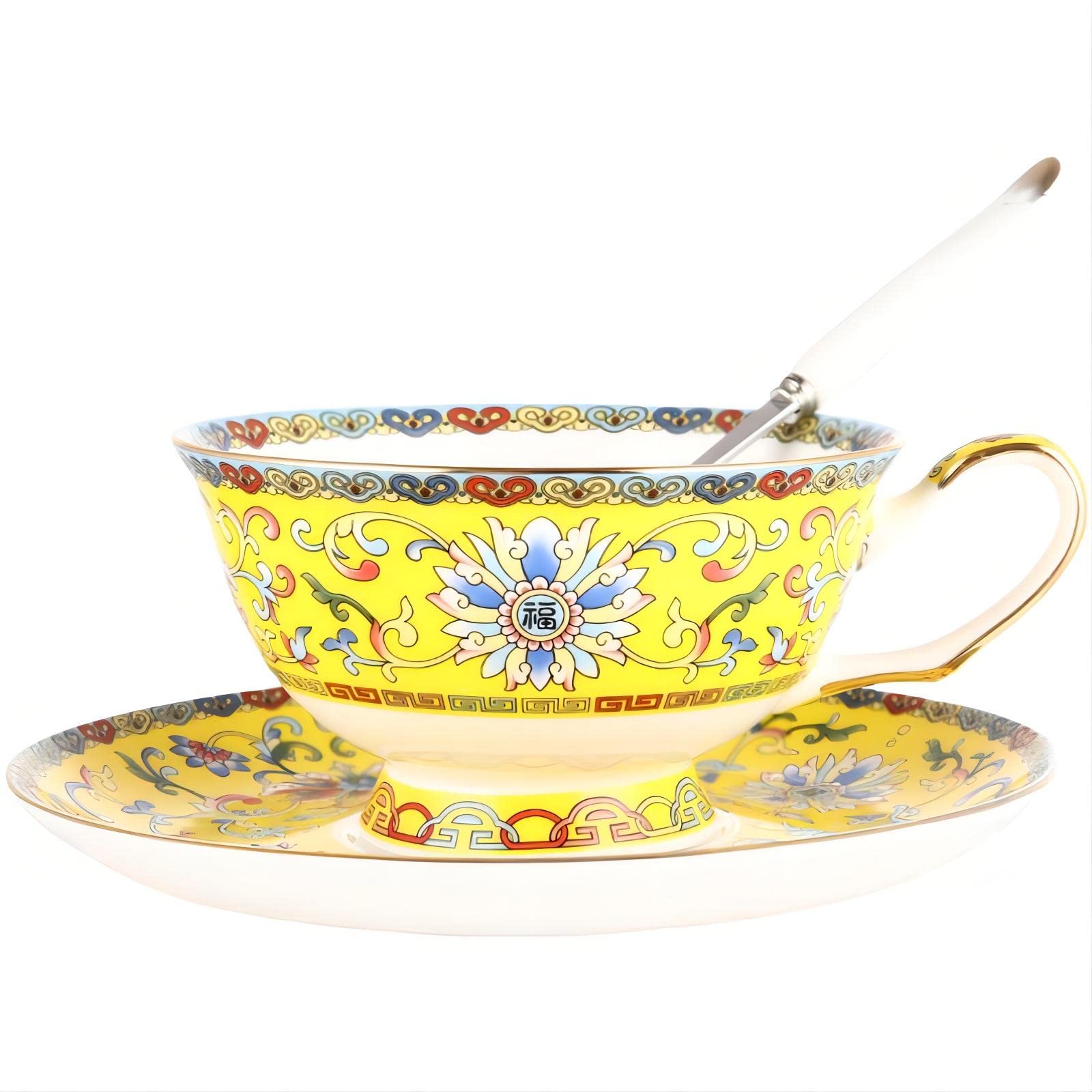 Premium 7 oz European Ceramic Bone China Coffee Cups Set of 2 with Saucers & Metal Holder - Elegant Yellow Design for Au Lait, Latte, Mocha, Tea & Cappuccino - Perfect Mother's Day Gift for Home, Cafe & Restaurant Use