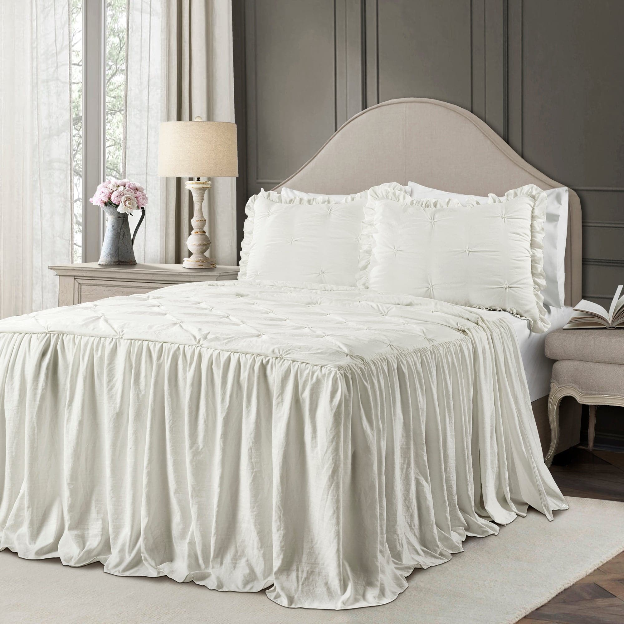 Ravello Pintuck Ruffle Skirt Bedspread Set - Elegant Queen Size Bedding with Ruffled Design for Master Bedroom Decor | Perfect for Guest Rooms, Hotels & Luxury Home Styling