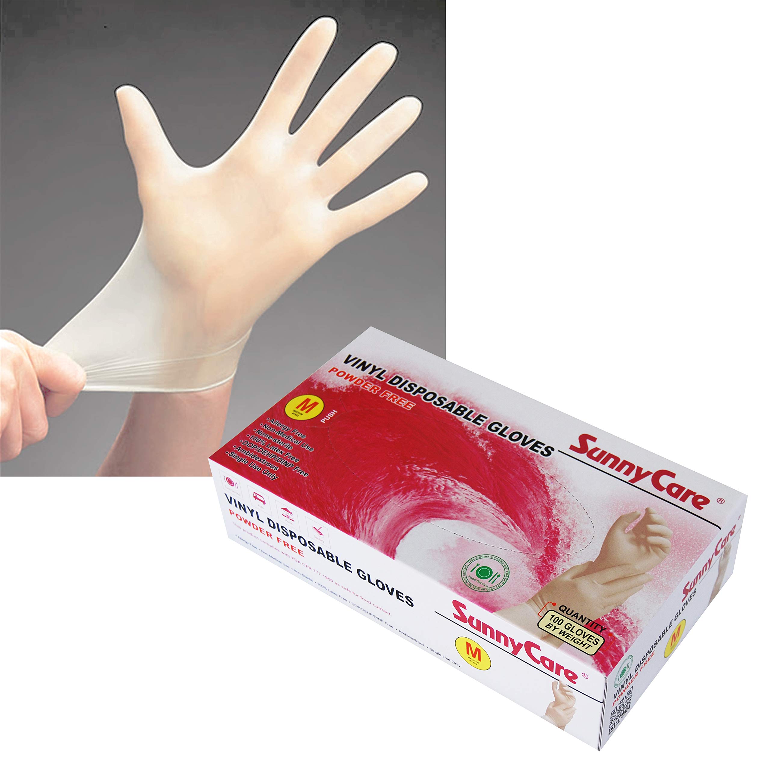 SunnyCare 100-Count Box of 7802 Powder-Free Vinyl Disposable Gloves (Latex & Nitrile Free) - Medium Size for Food Handling, Cleaning & Medical Use